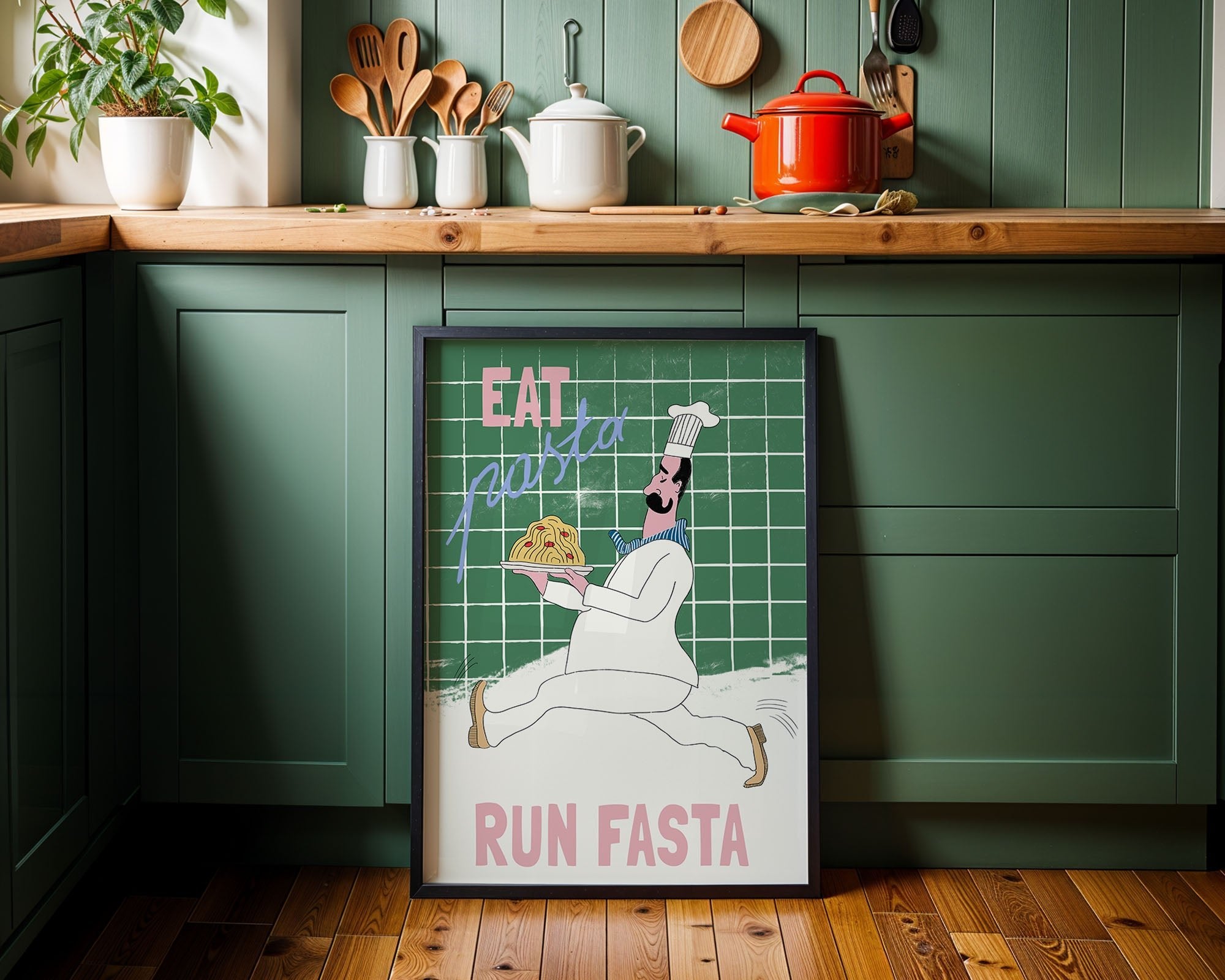 Eat Pasta Run Fasta Poster – Playful Kitchen Wall Art Print (Green Edition) - Evergreen Posters
