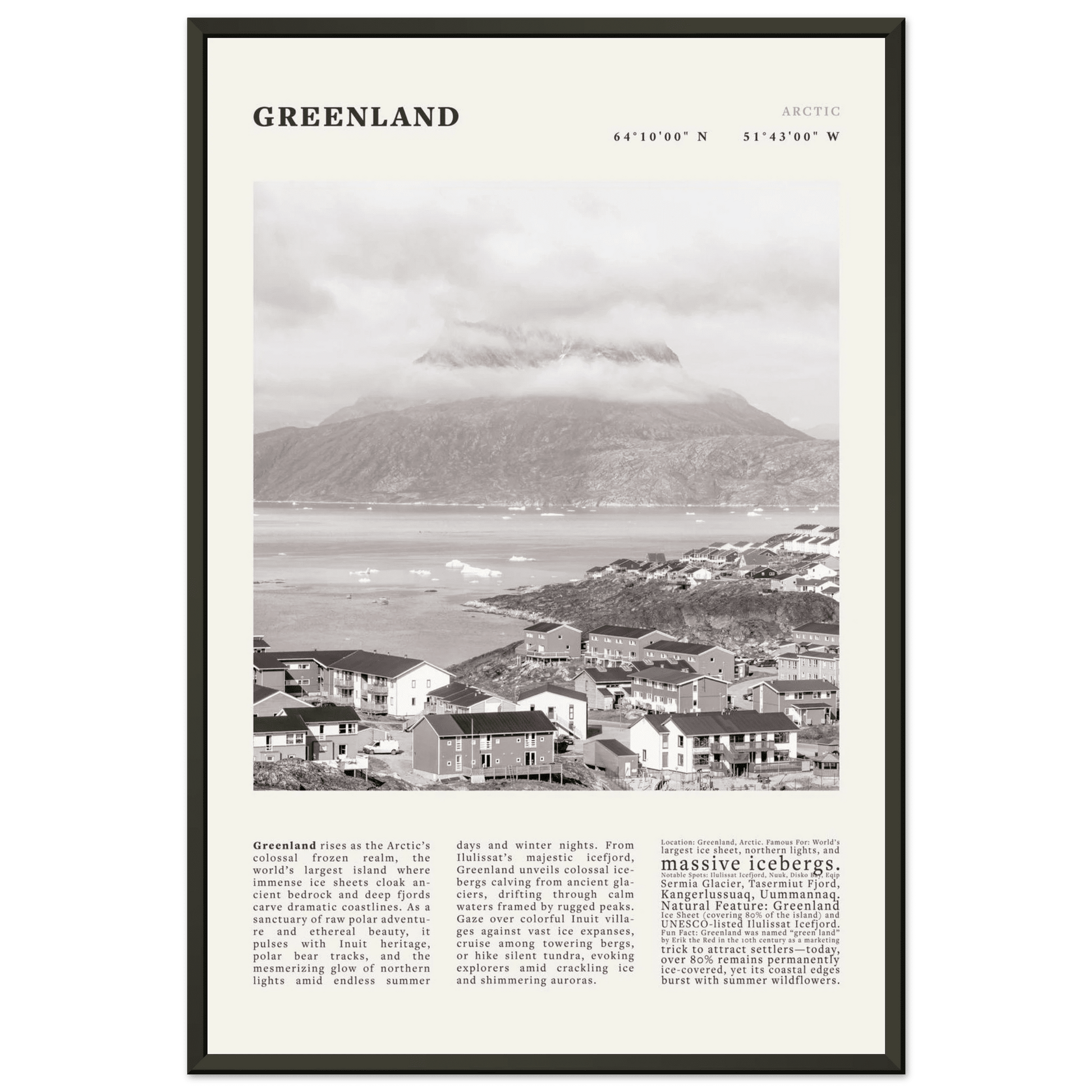 Greenland Poster Black and White – Vintage Arctic Fjord Landscape Print (Digital & Printed Options) - Evergreen Posters