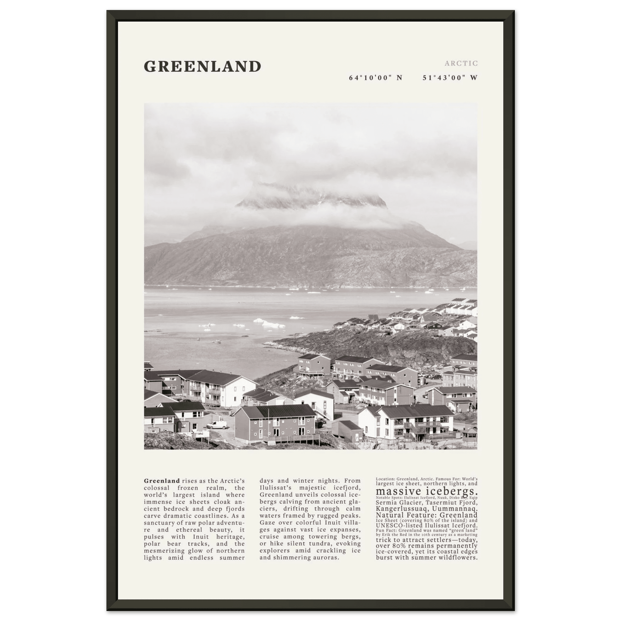 Greenland Poster Black and White – Vintage Arctic Fjord Landscape Print (Digital & Printed Options) - Evergreen Posters