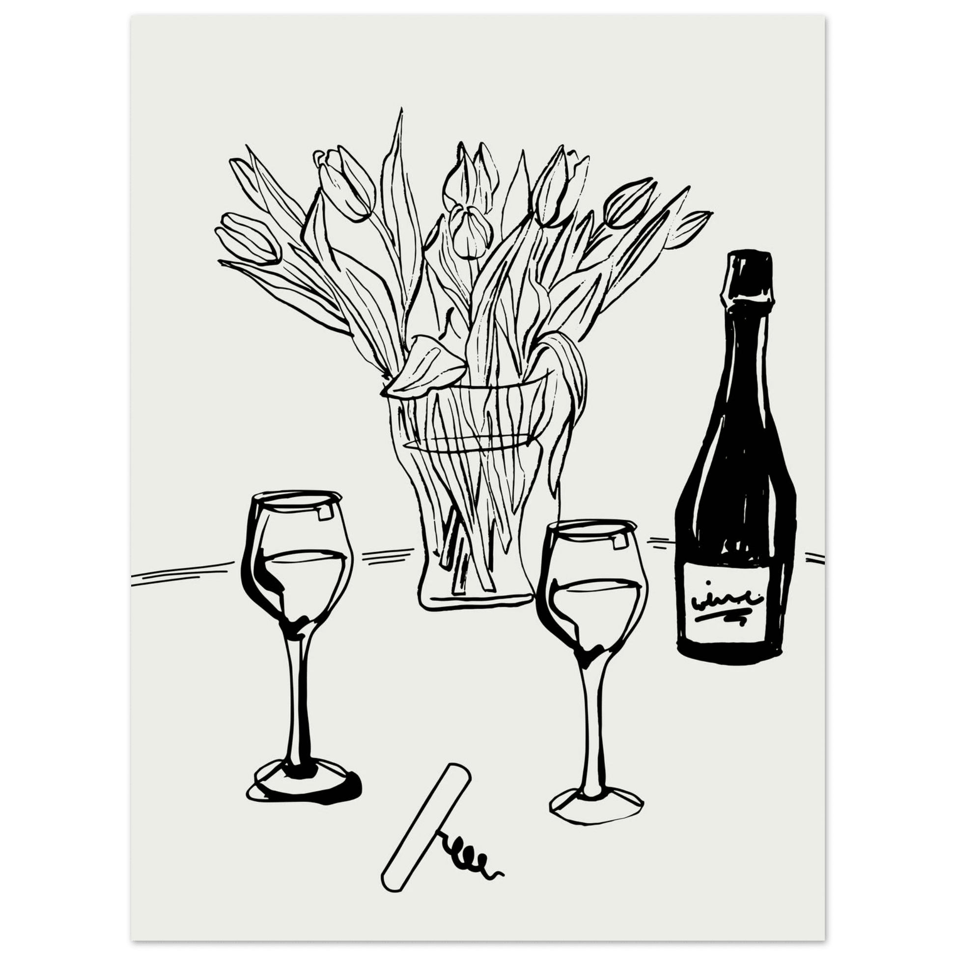 Wine & Tulips Print | Black Line Art Wine Bottle Wall Art | Minimalist Kitchen Poster - Evergreen Posters