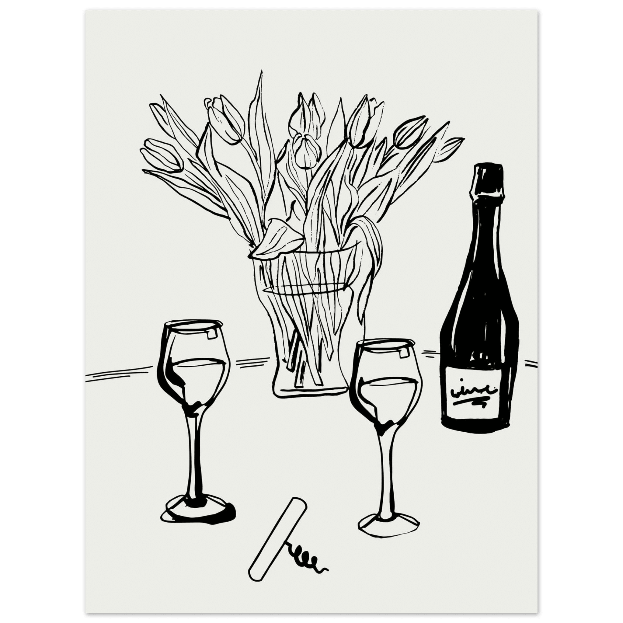 Wine & Tulips Print | Black Line Art Wine Bottle Wall Art | Minimalist Kitchen Poster - Evergreen Posters