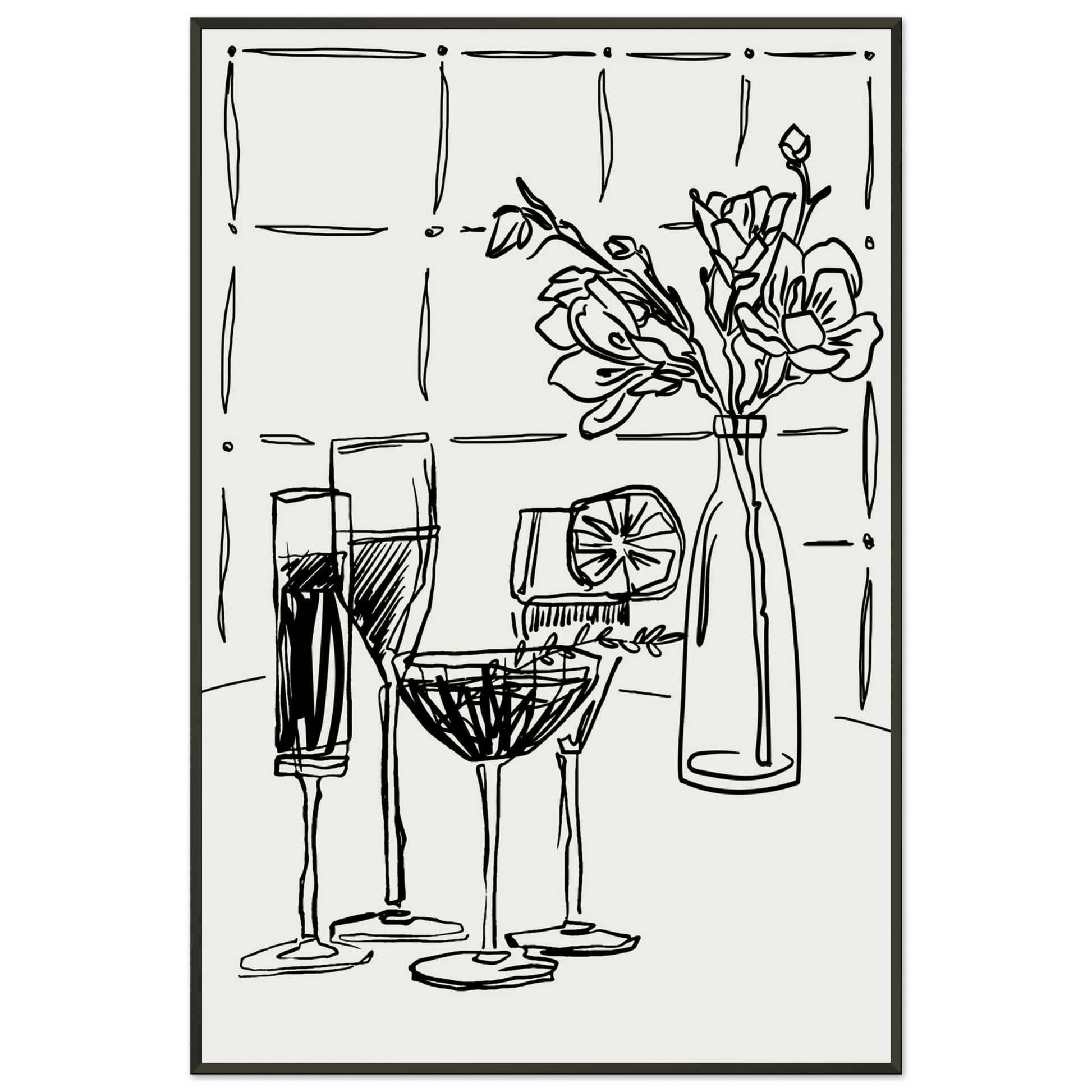 Cocktails & Flowers Print | Black Line Art Drinks Wall Art | Kitchen Bar Poster - Evergreen Posters
