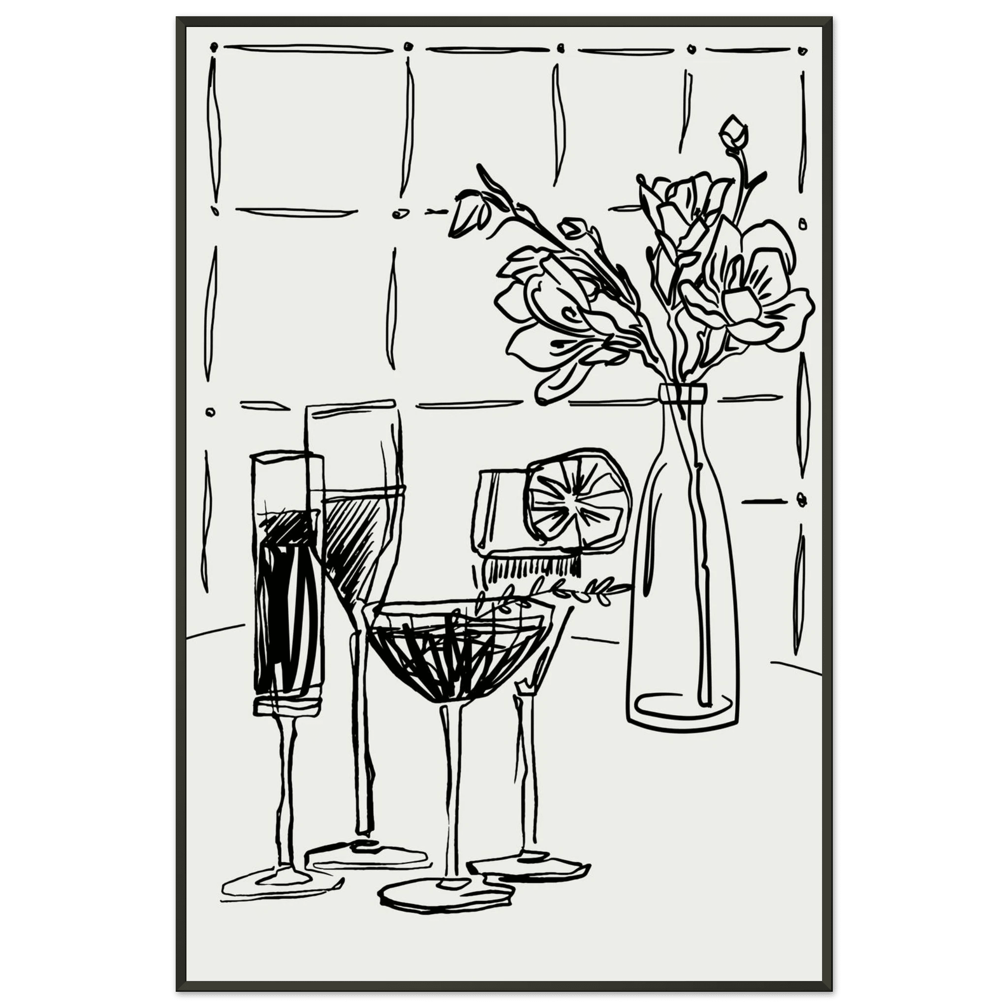 Cocktails & Flowers Print | Black Line Art Drinks Wall Art | Kitchen Bar Poster - Evergreen Posters