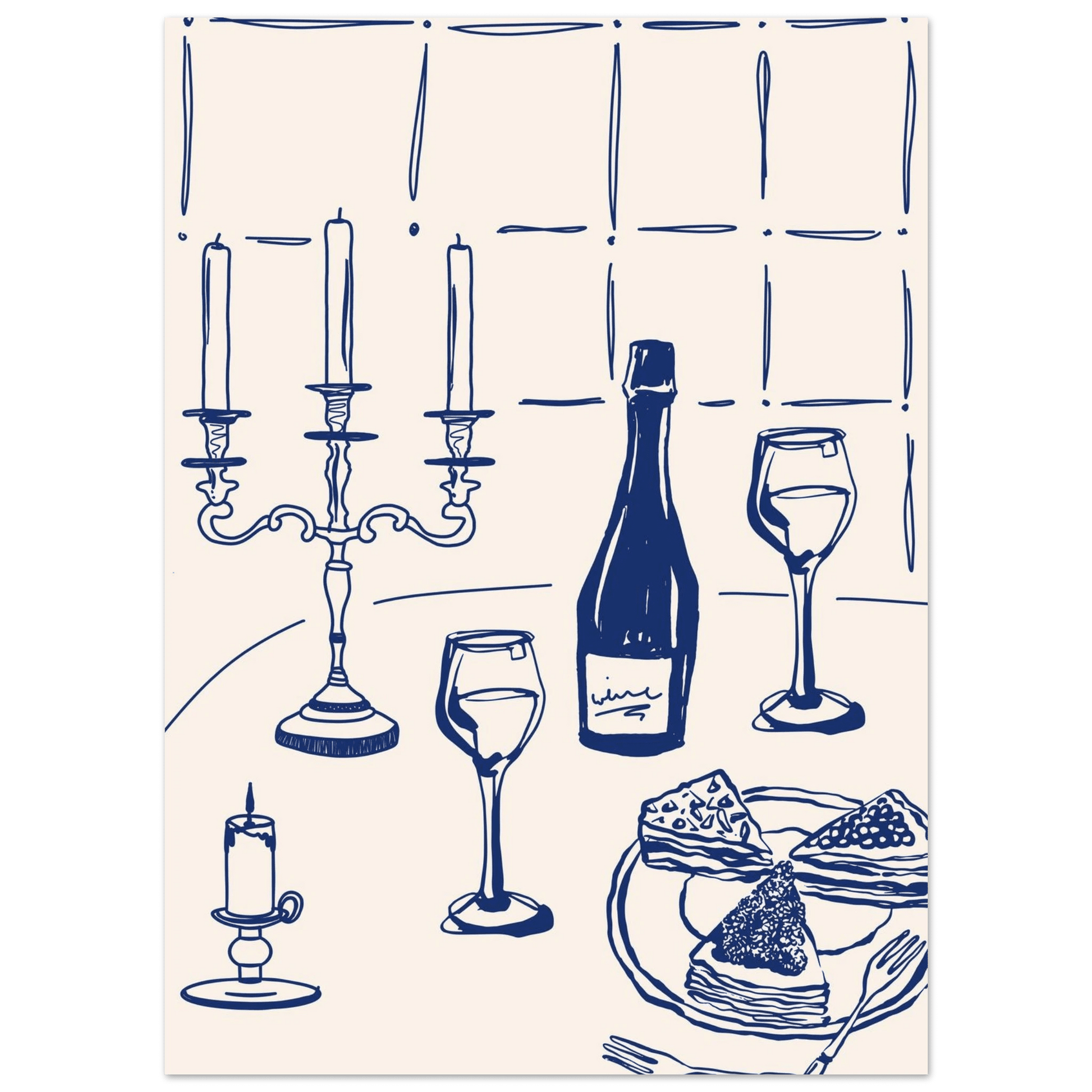 Candlelight Dinner Print | Navy Blue Wine & Candelabra Line Art | Kitchen Poster - Evergreen Posters