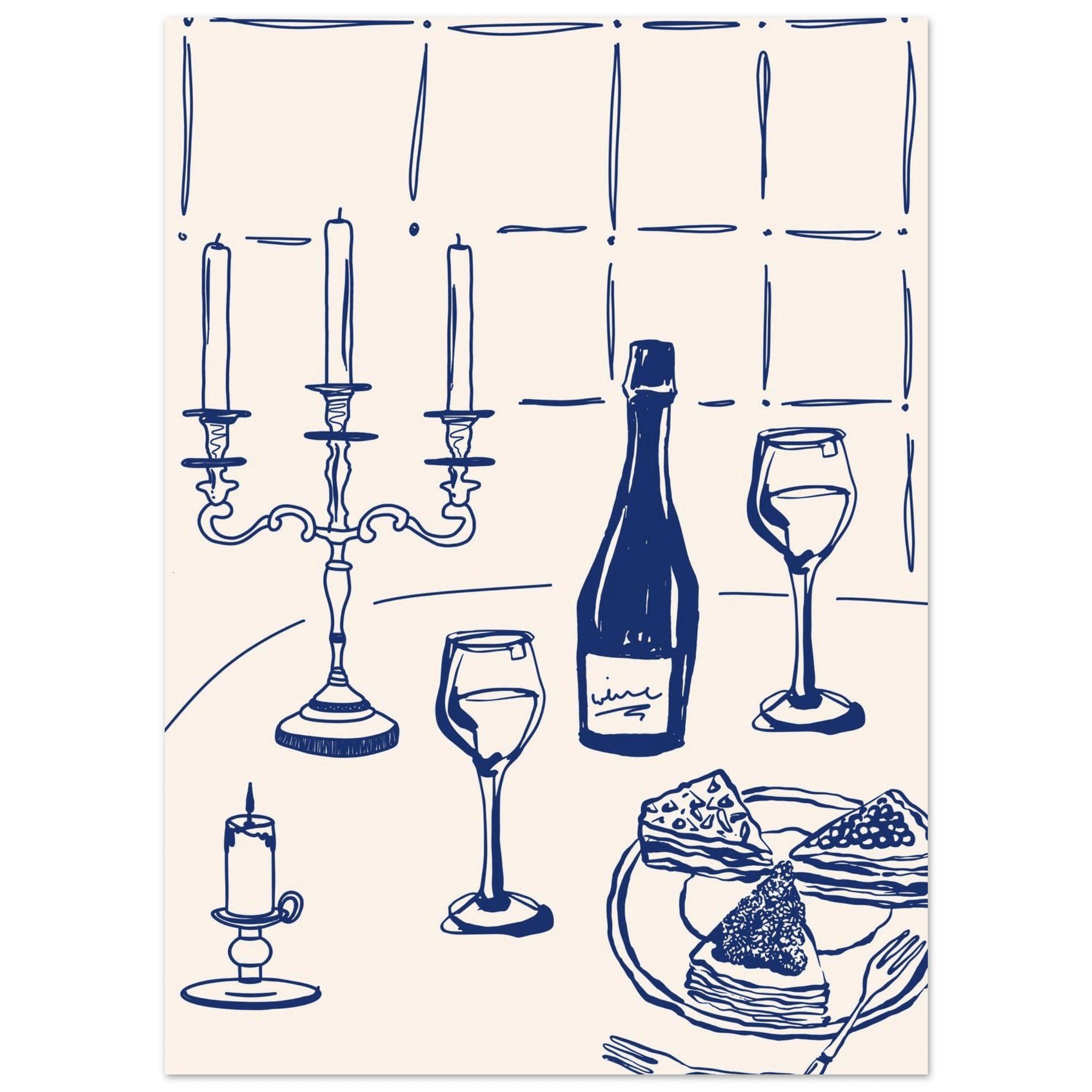 Candlelight Dinner Print | Navy Blue Wine & Candelabra Line Art | Kitchen Poster - Evergreen Posters