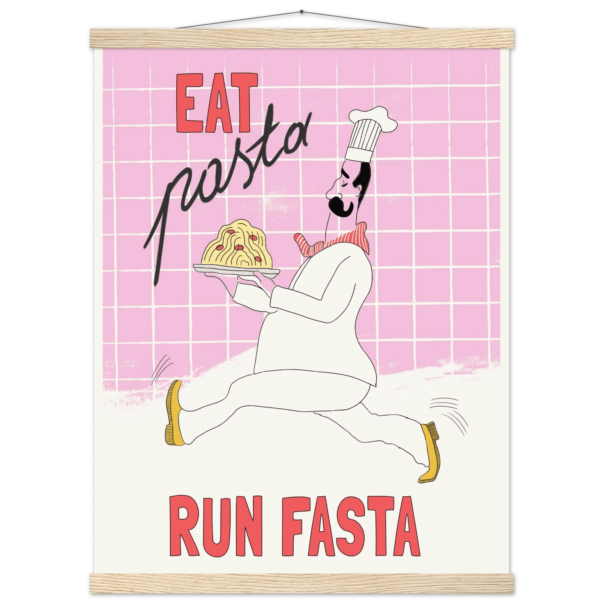 Eat Pasta Run Fasta Poster – Playful Kitchen Wall Art Print (Light Pink) - Evergreen Posters