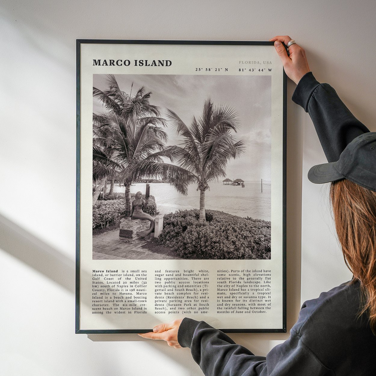Marco Island Poster | Black & White Florida Beach Wall Art | Coastal Travel Print - Evergreen Posters