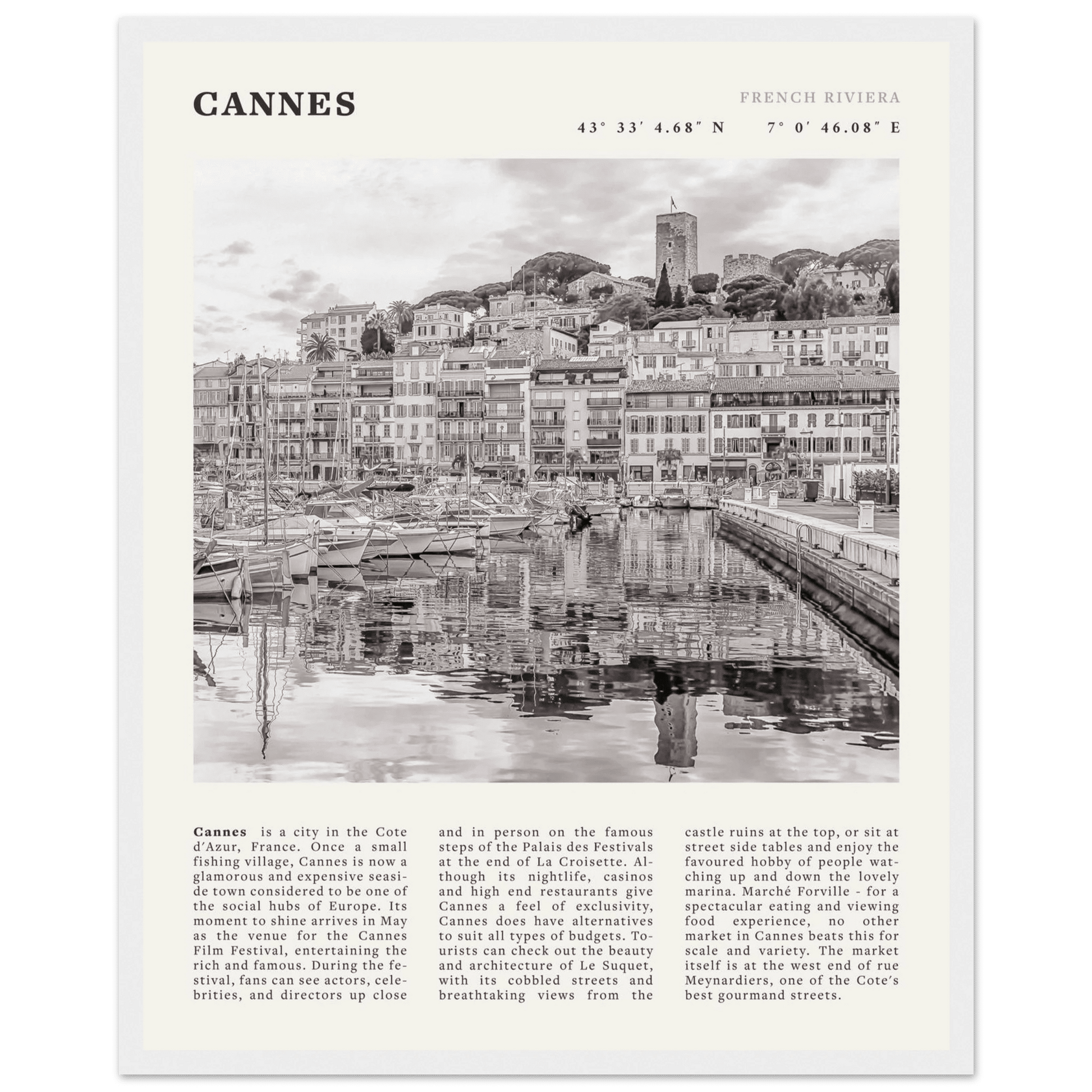 Cannes Poster | Black & White French Riviera Wall Art | France Travel Print - Evergreen Posters