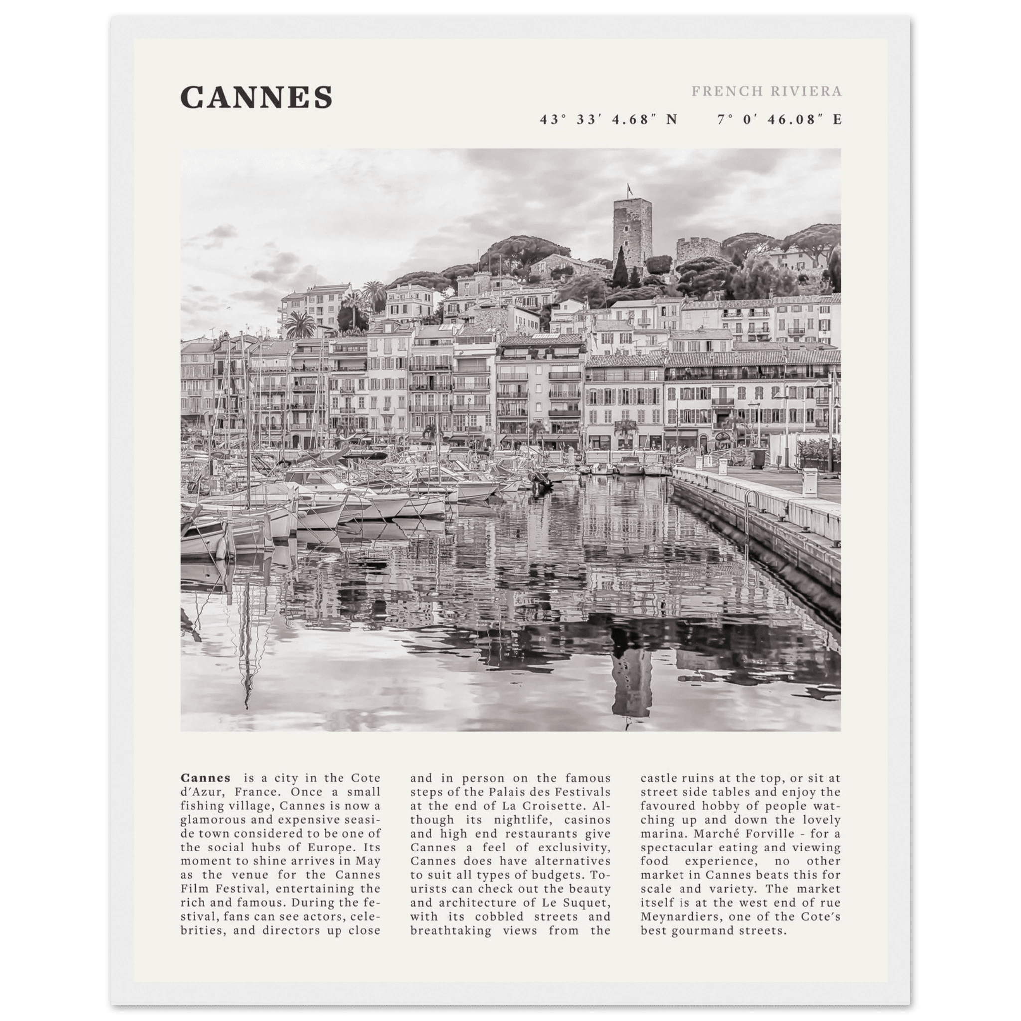Cannes Poster | Black & White French Riviera Wall Art | France Travel Print - Evergreen Posters