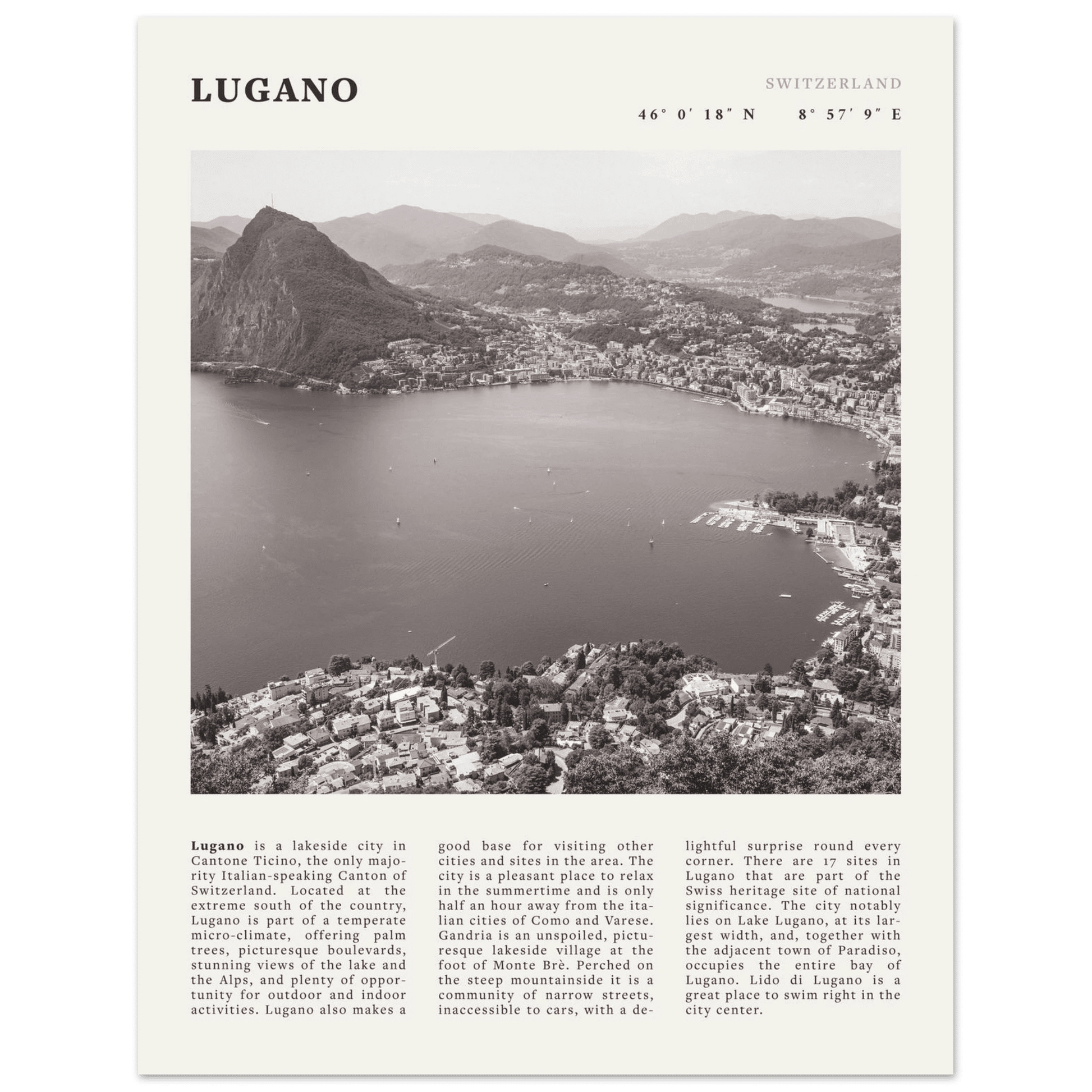 Lugano Poster | Black & White Swiss Lake Wall Art | Switzerland Travel Print - Evergreen Posters