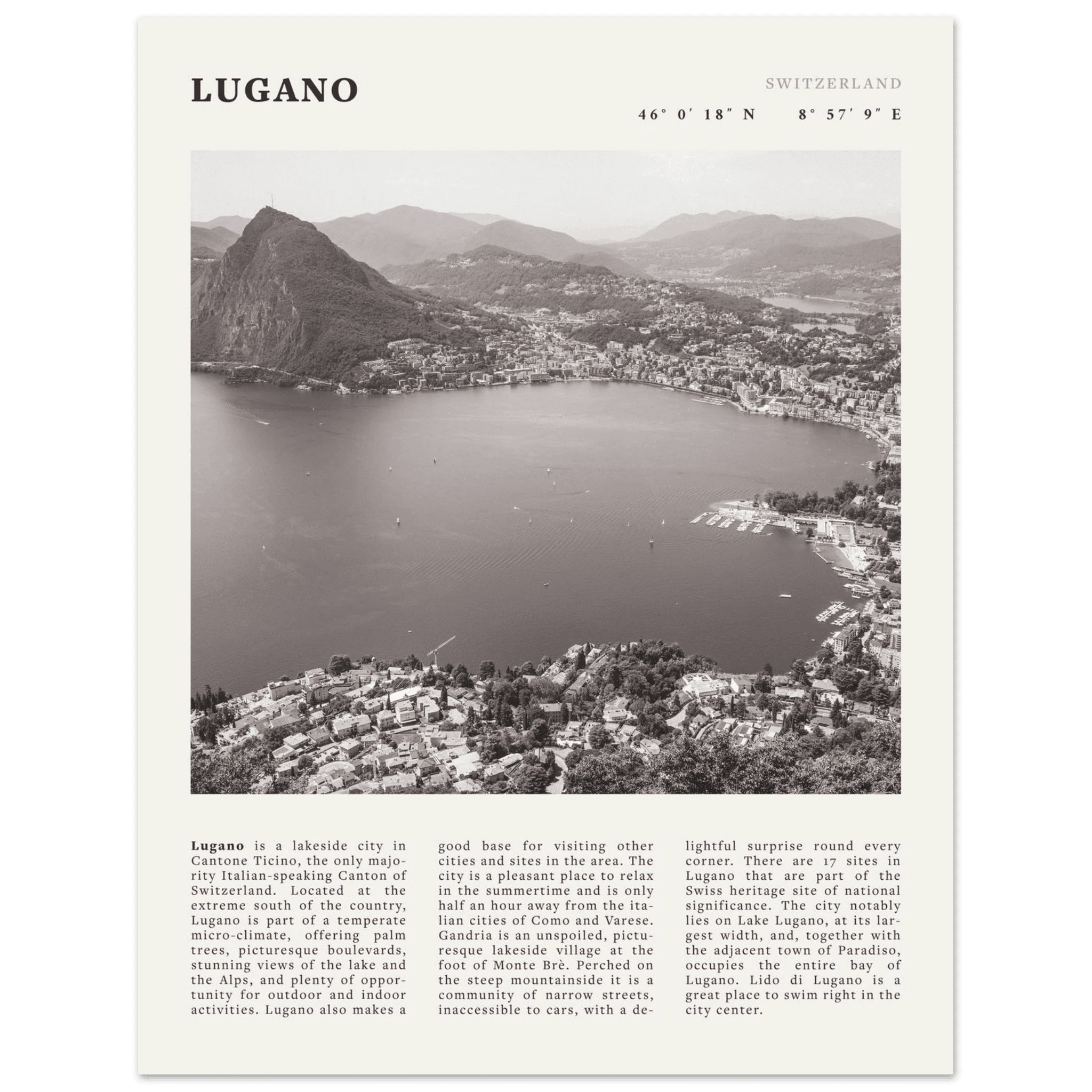 Lugano Poster | Black & White Swiss Lake Wall Art | Switzerland Travel Print - Evergreen Posters