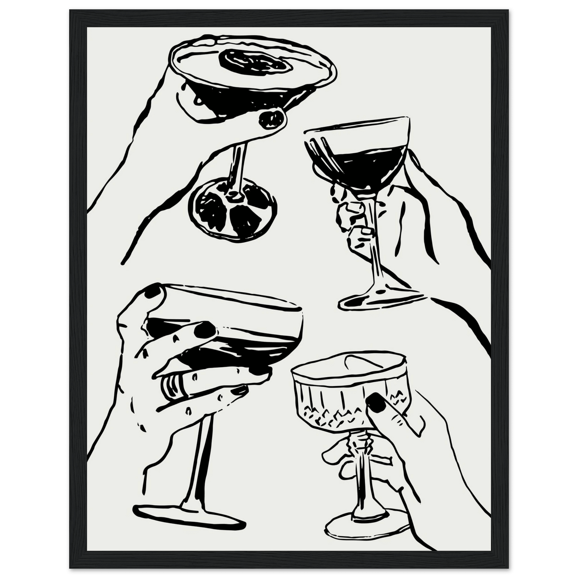 Cheers Print | Black Line Art Cocktail Glasses Wall Art | Kitchen Bar Poster - Evergreen Posters