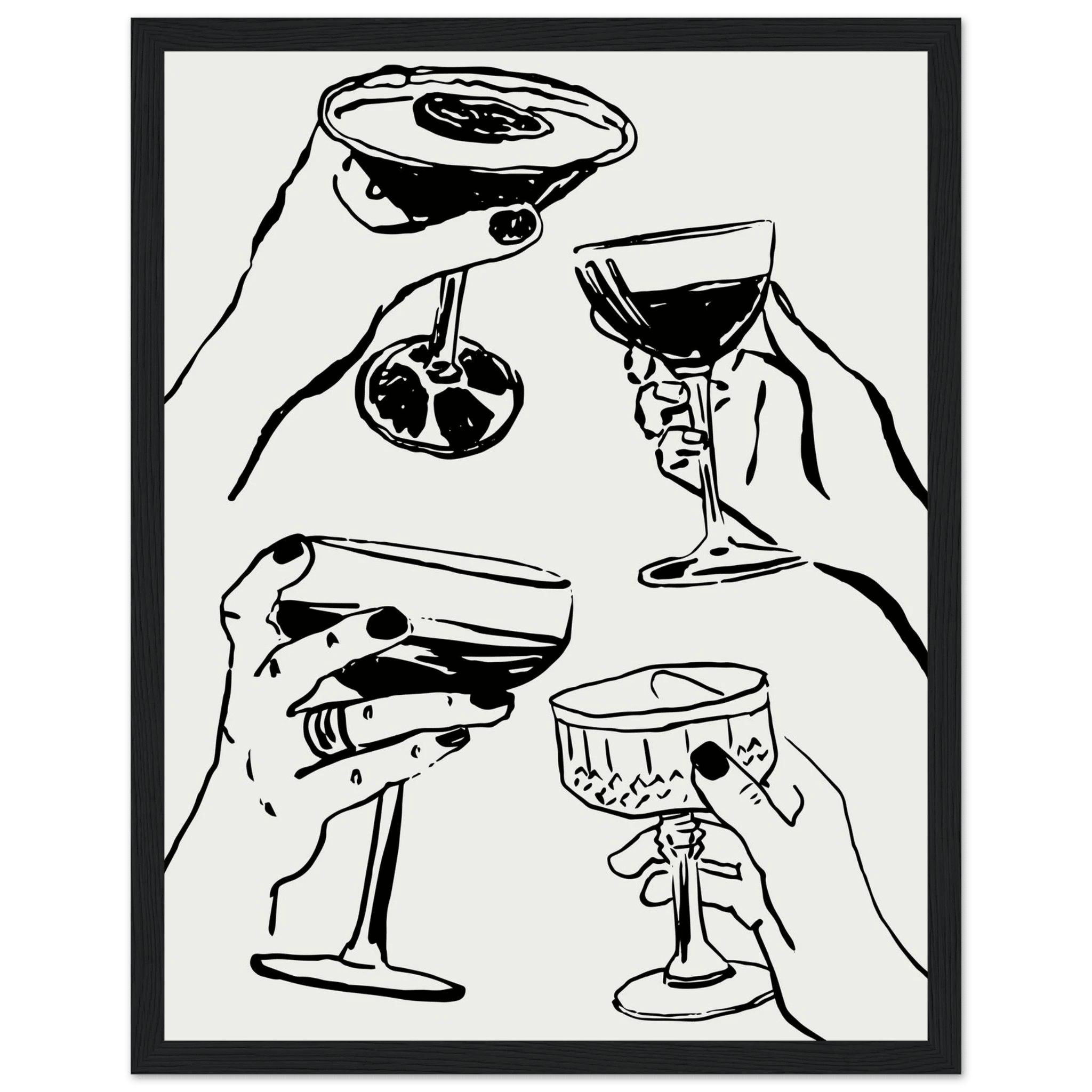 Cheers Print | Black Line Art Cocktail Glasses Wall Art | Kitchen Bar Poster - Evergreen Posters