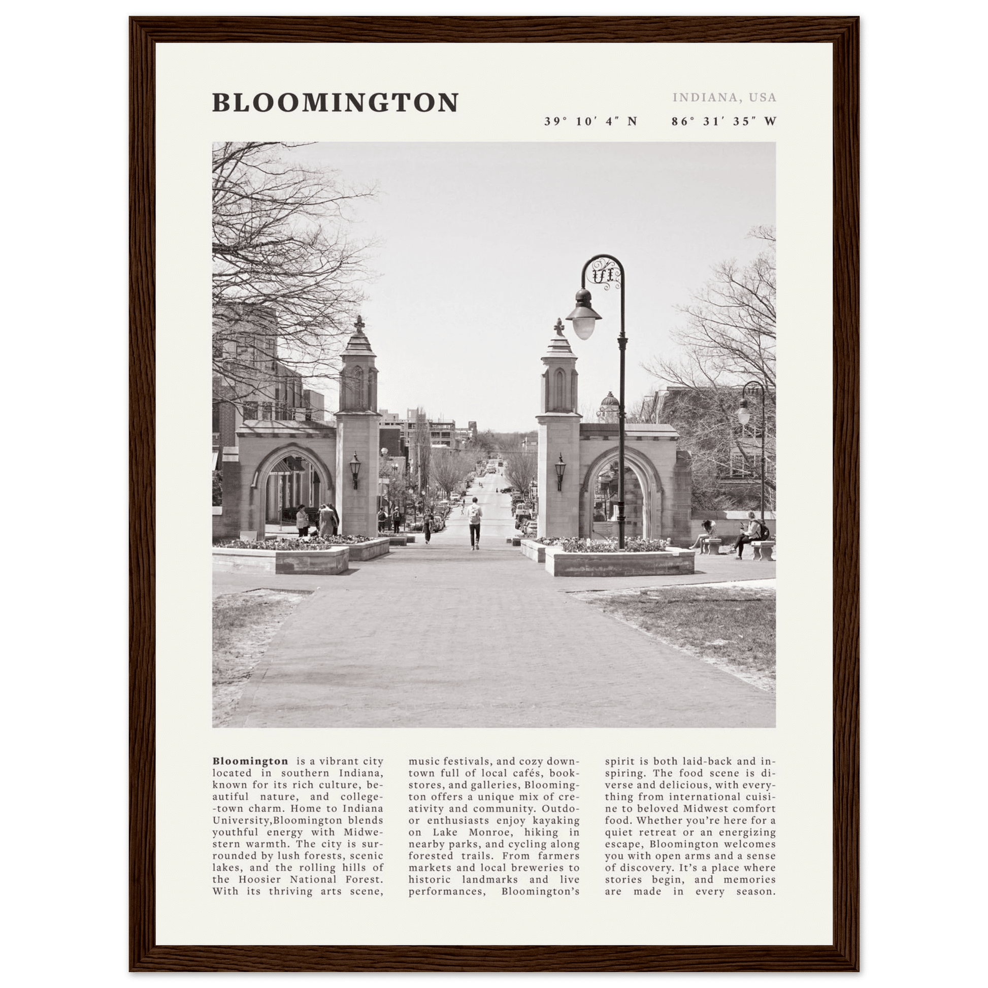 Bloomington Indiana Black and White Vintage Poster - Evergreen Posters