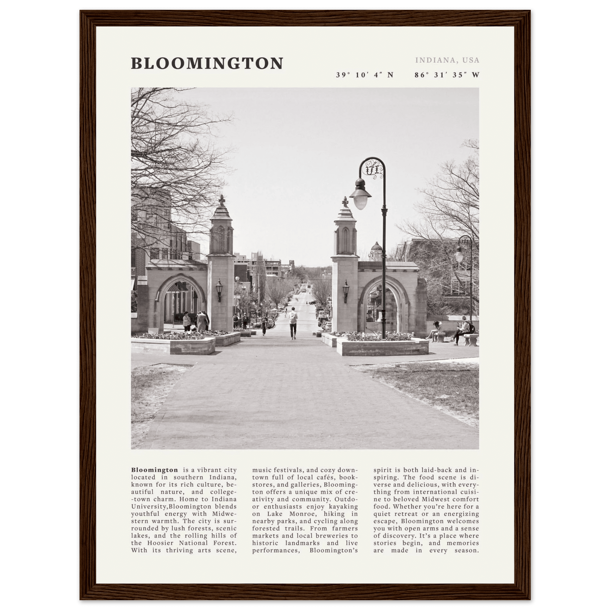 Bloomington Indiana Black and White Vintage Poster - Evergreen Posters