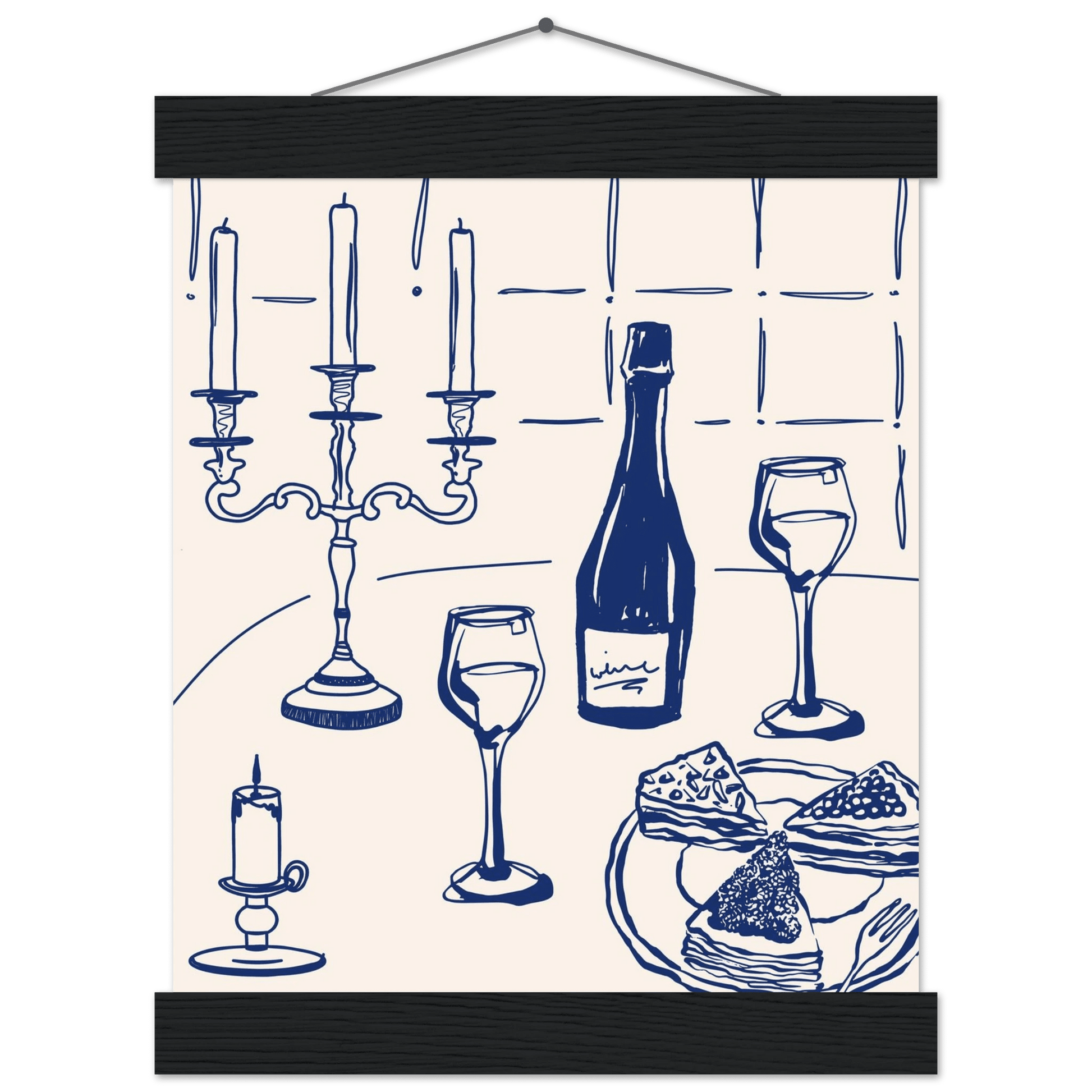 Candlelight Dinner Print | Navy Blue Wine & Candelabra Line Art | Kitchen Poster - Evergreen Posters