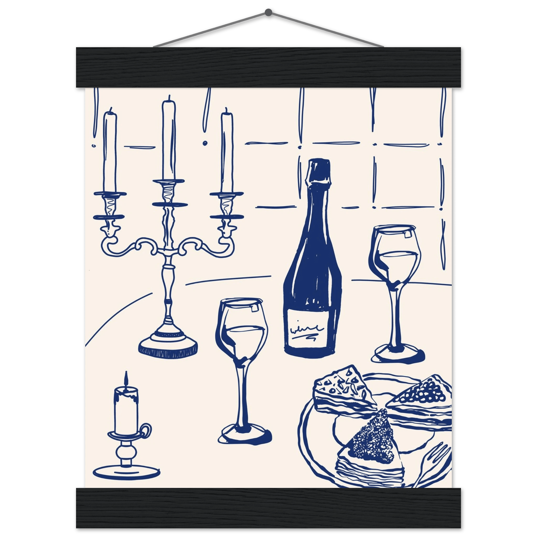 Candlelight Dinner Print | Navy Blue Wine & Candelabra Line Art | Kitchen Poster - Evergreen Posters