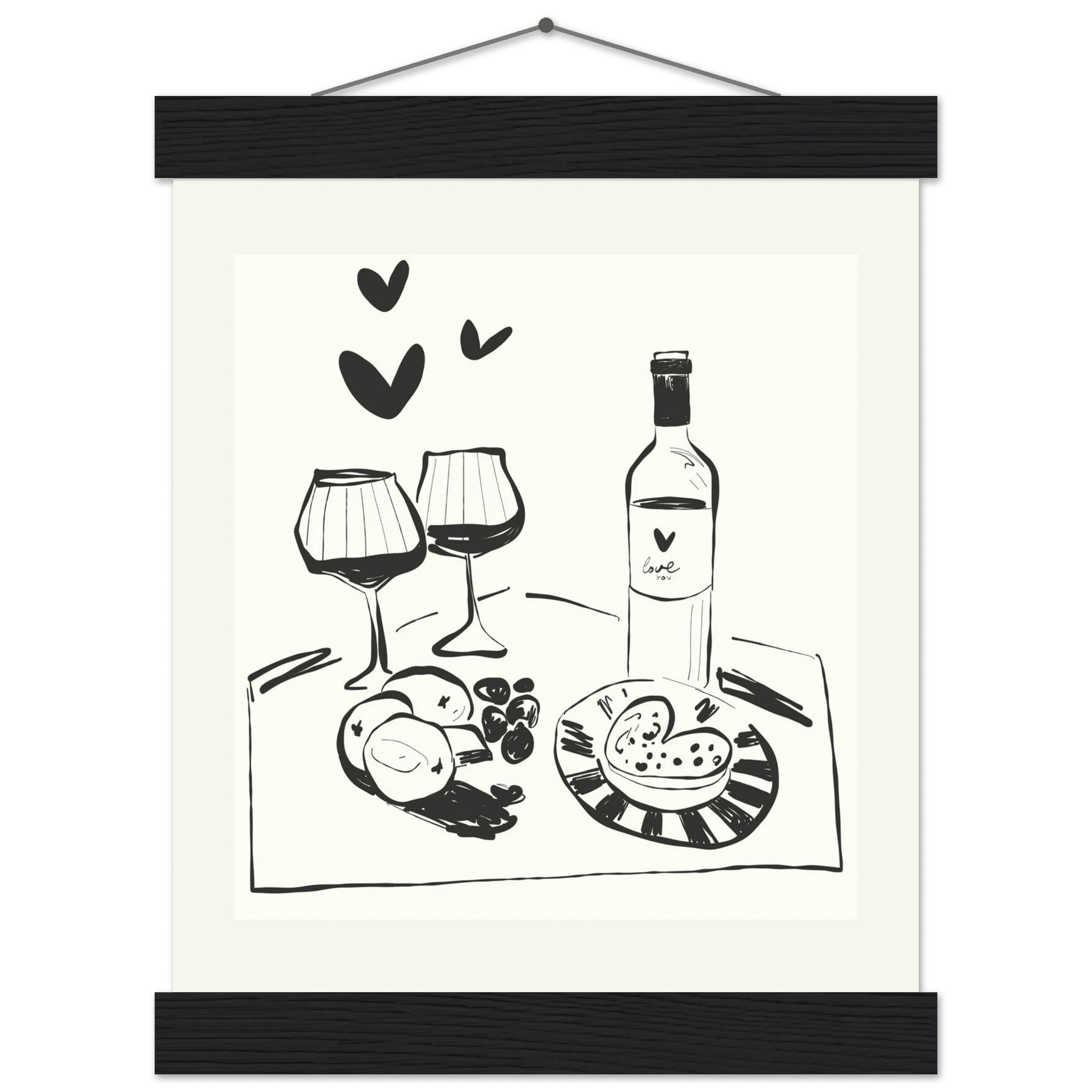 Wine for Two Print | Black Line Art Romantic Kitchen Wall Art | Couples Poster - Evergreen Posters