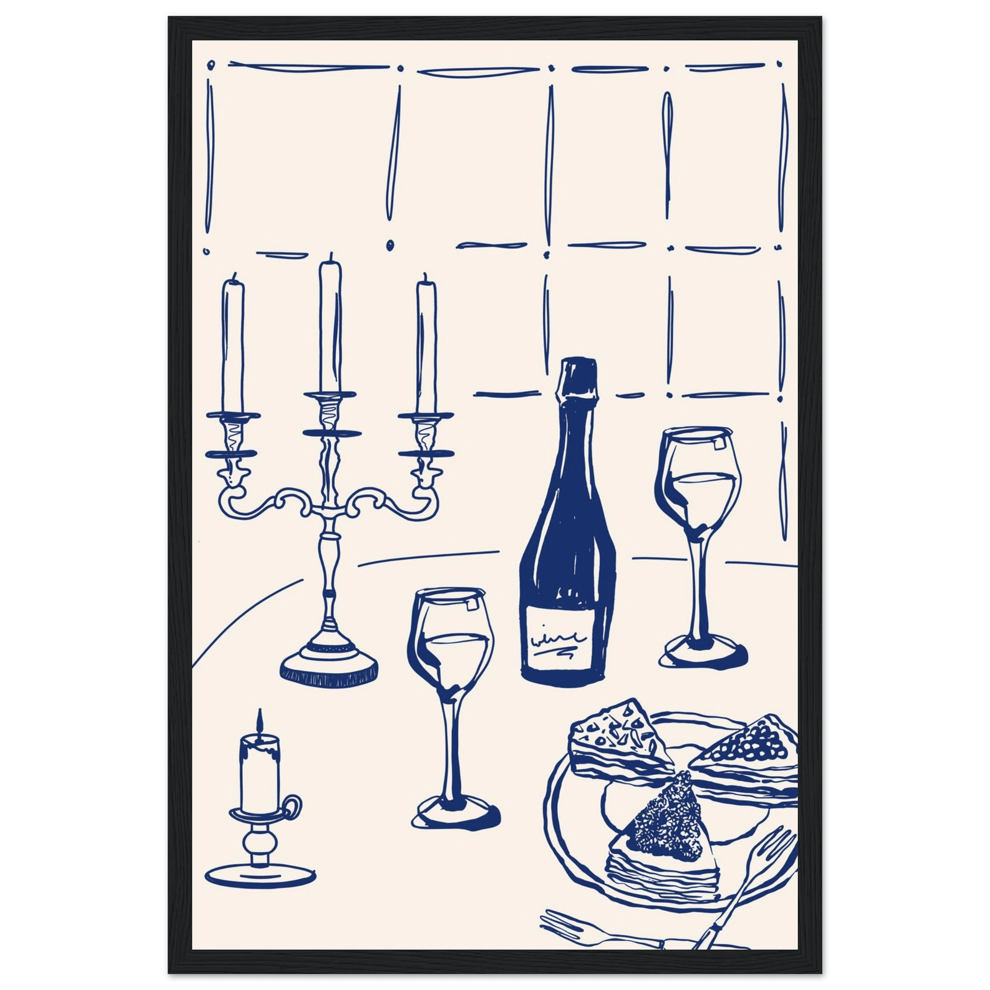 Candlelight Dinner Print | Navy Blue Wine & Candelabra Line Art | Kitchen Poster - Evergreen Posters