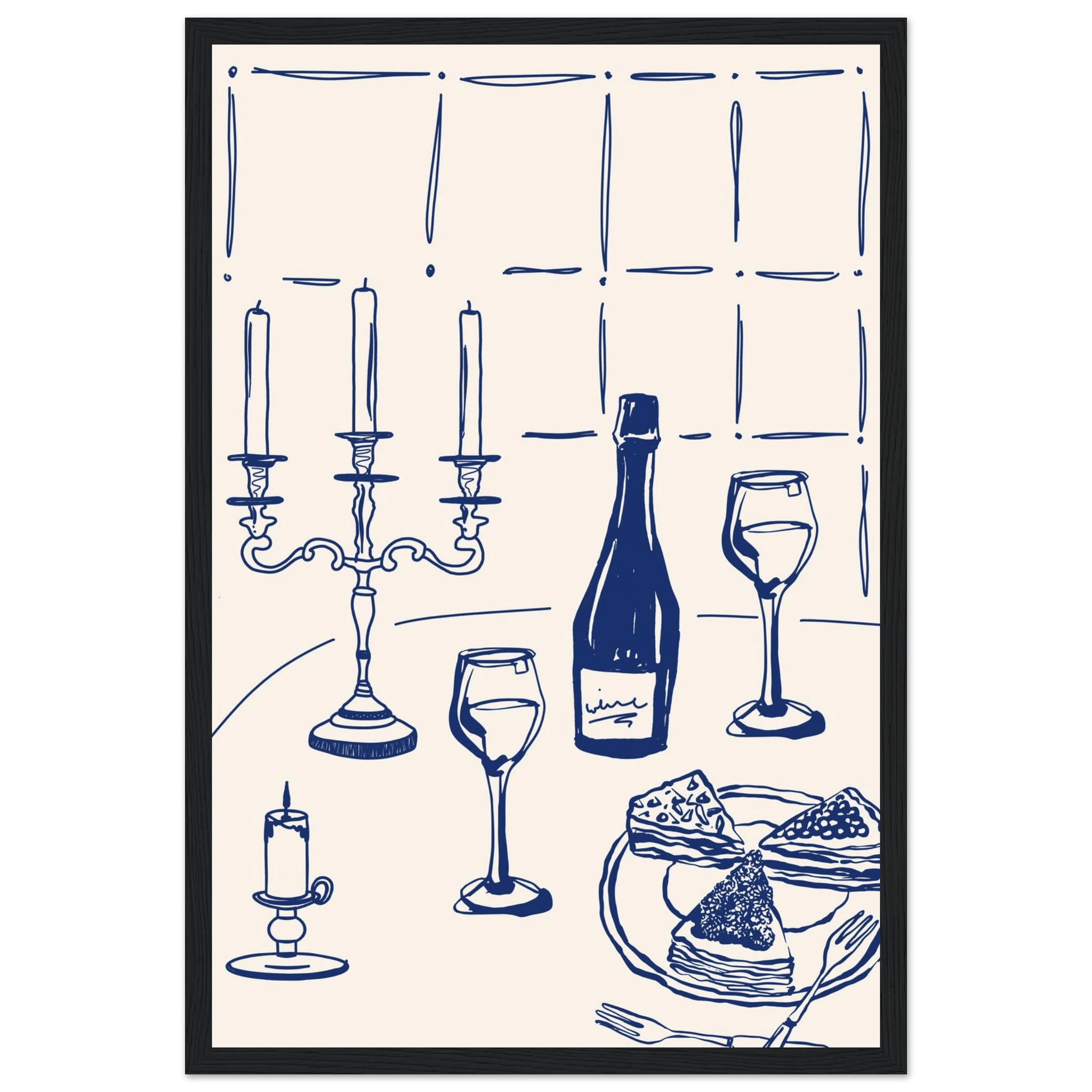 Candlelight Dinner Print | Navy Blue Wine & Candelabra Line Art | Kitchen Poster - Evergreen Posters