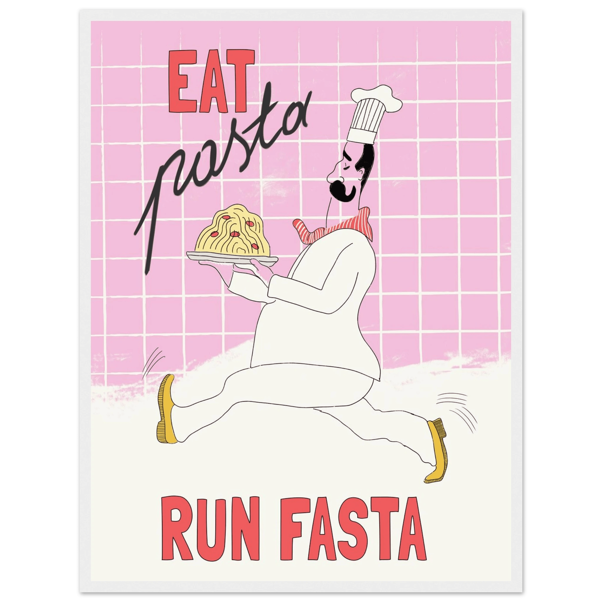 Eat Pasta Run Fasta Poster – Playful Kitchen Wall Art Print (Light Pink) - Evergreen Posters
