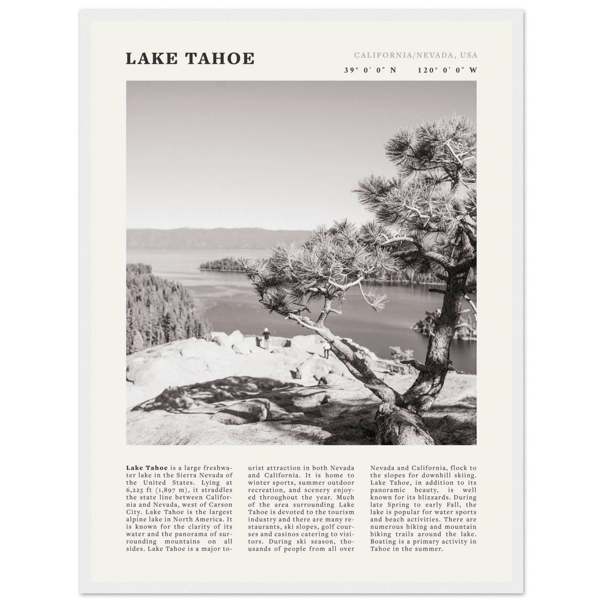 Lake Tahoe Poster | Black & White California Nevada Wall Art | Nature Travel Print Decor - Evergreen Posters
