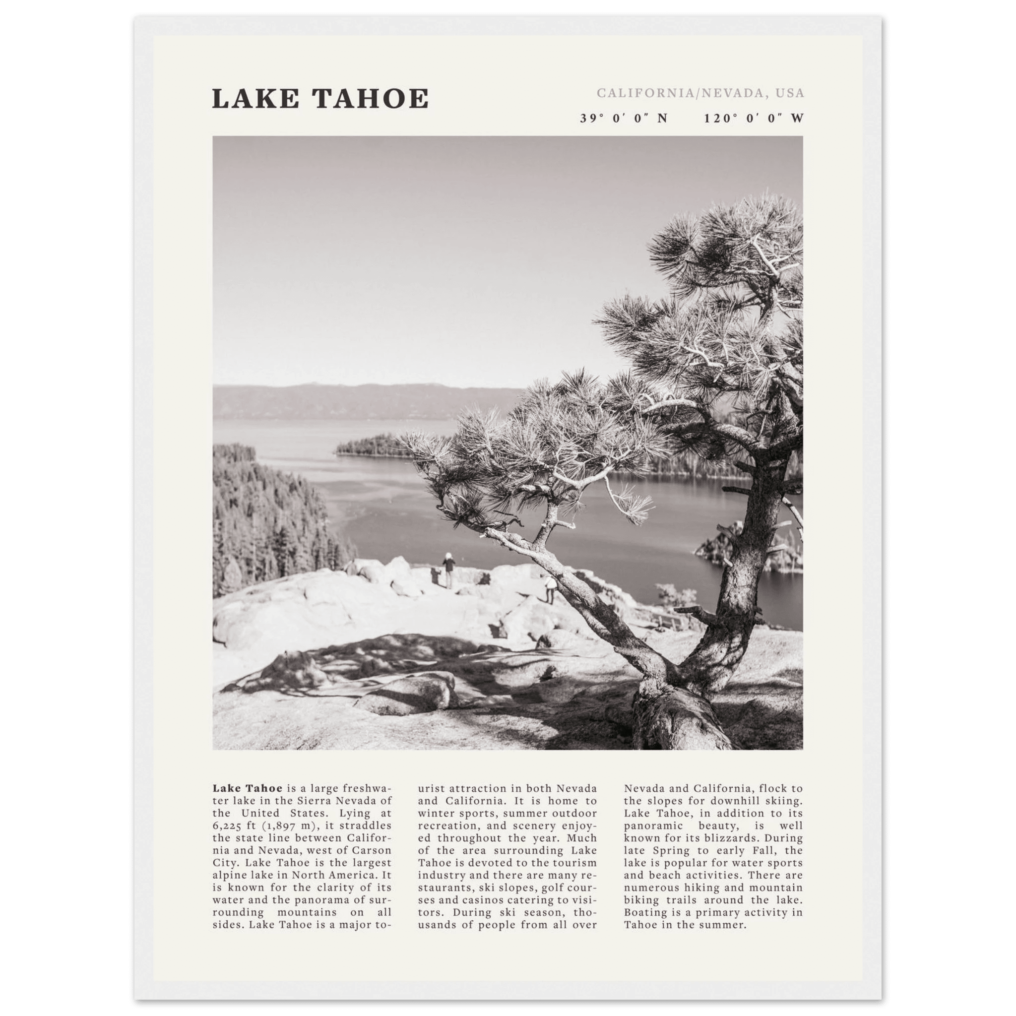 Lake Tahoe Poster | Black & White California Nevada Wall Art | Nature Travel Print Decor - Evergreen Posters