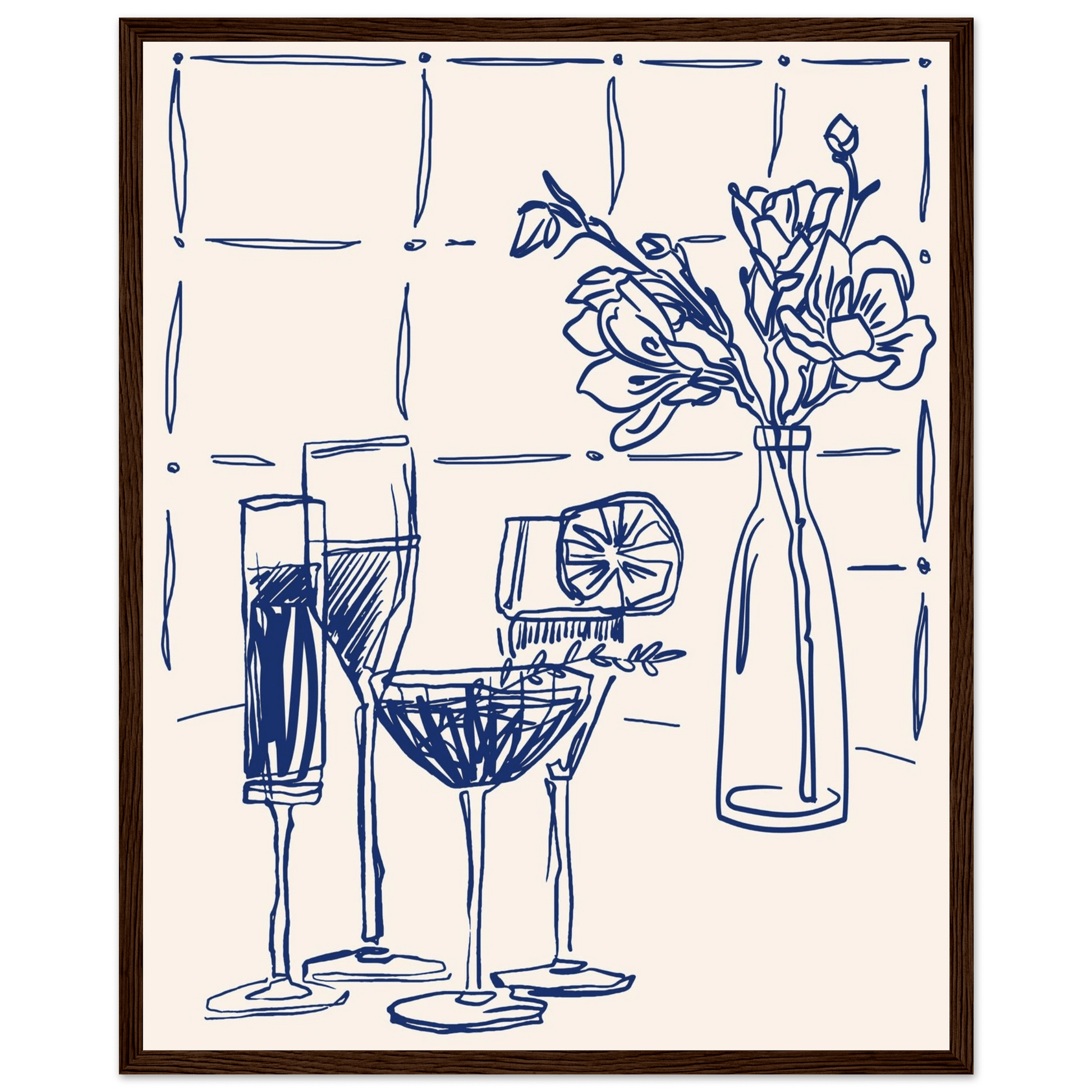 Cocktails & Flowers Print | Navy Blue Line Art Drinks Wall Art | Kitchen Bar Poster - Evergreen Posters