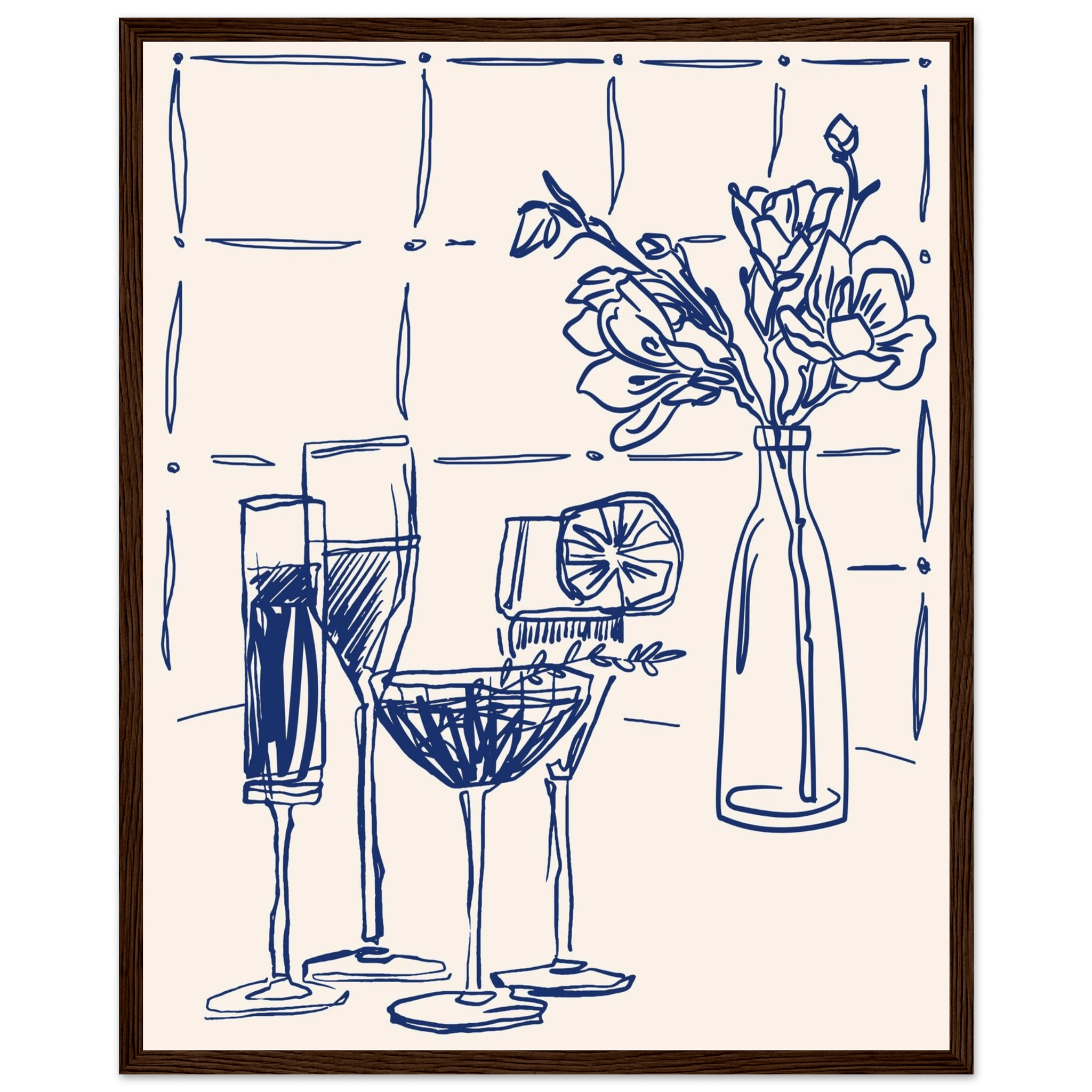 Cocktails & Flowers Print | Navy Blue Line Art Drinks Wall Art | Kitchen Bar Poster - Evergreen Posters