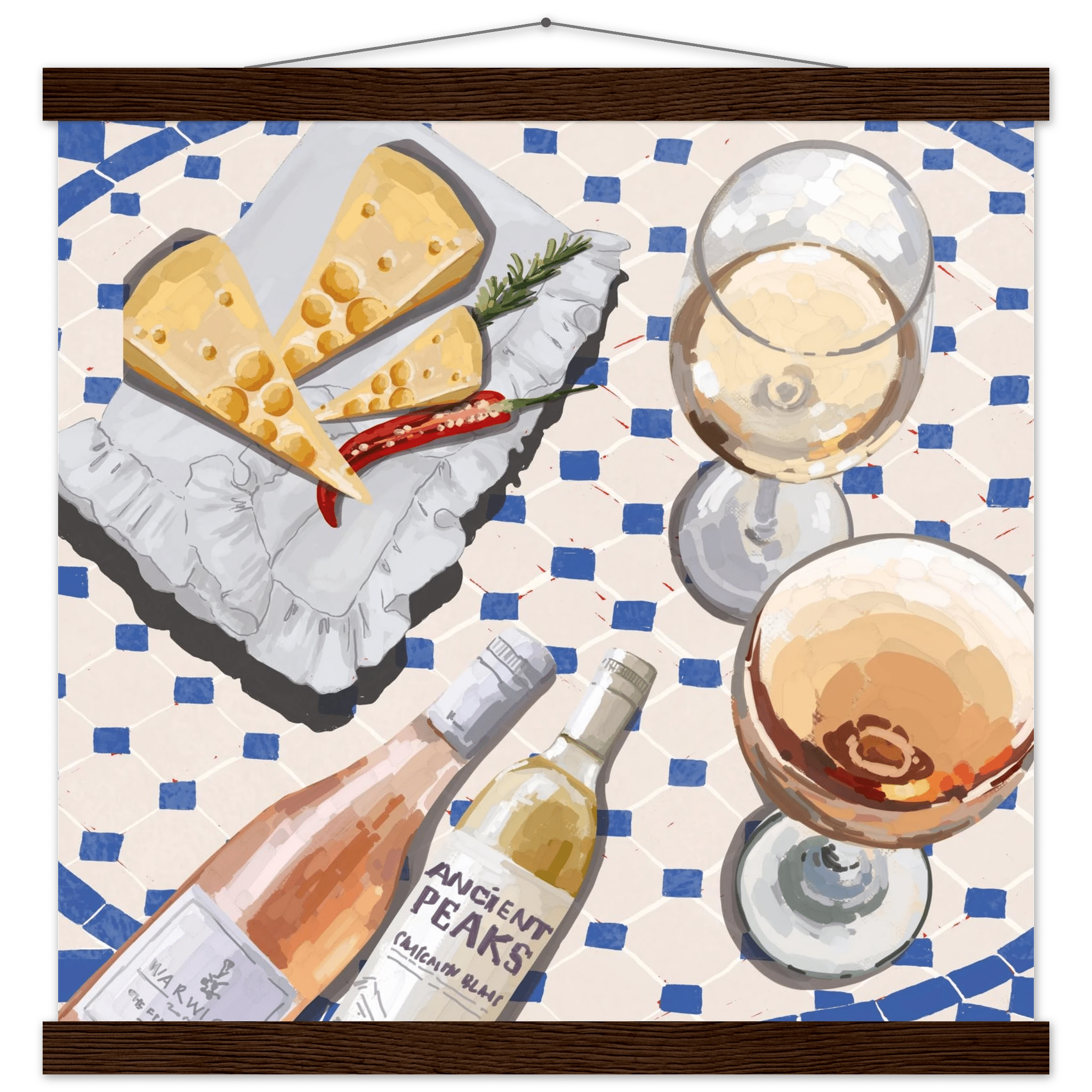 Wine & Cheese Poster | Food Wall Art | Blue Tile Square Kitchen Print - Evergreen Posters - 23