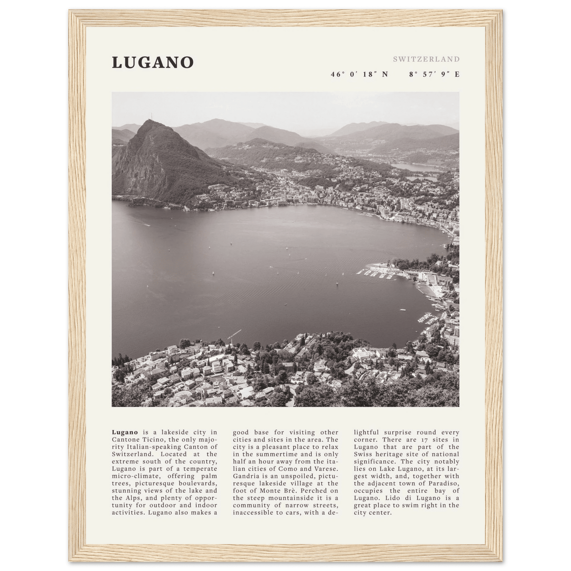 Lugano Poster | Black & White Swiss Lake Wall Art | Switzerland Travel Print - Evergreen Posters