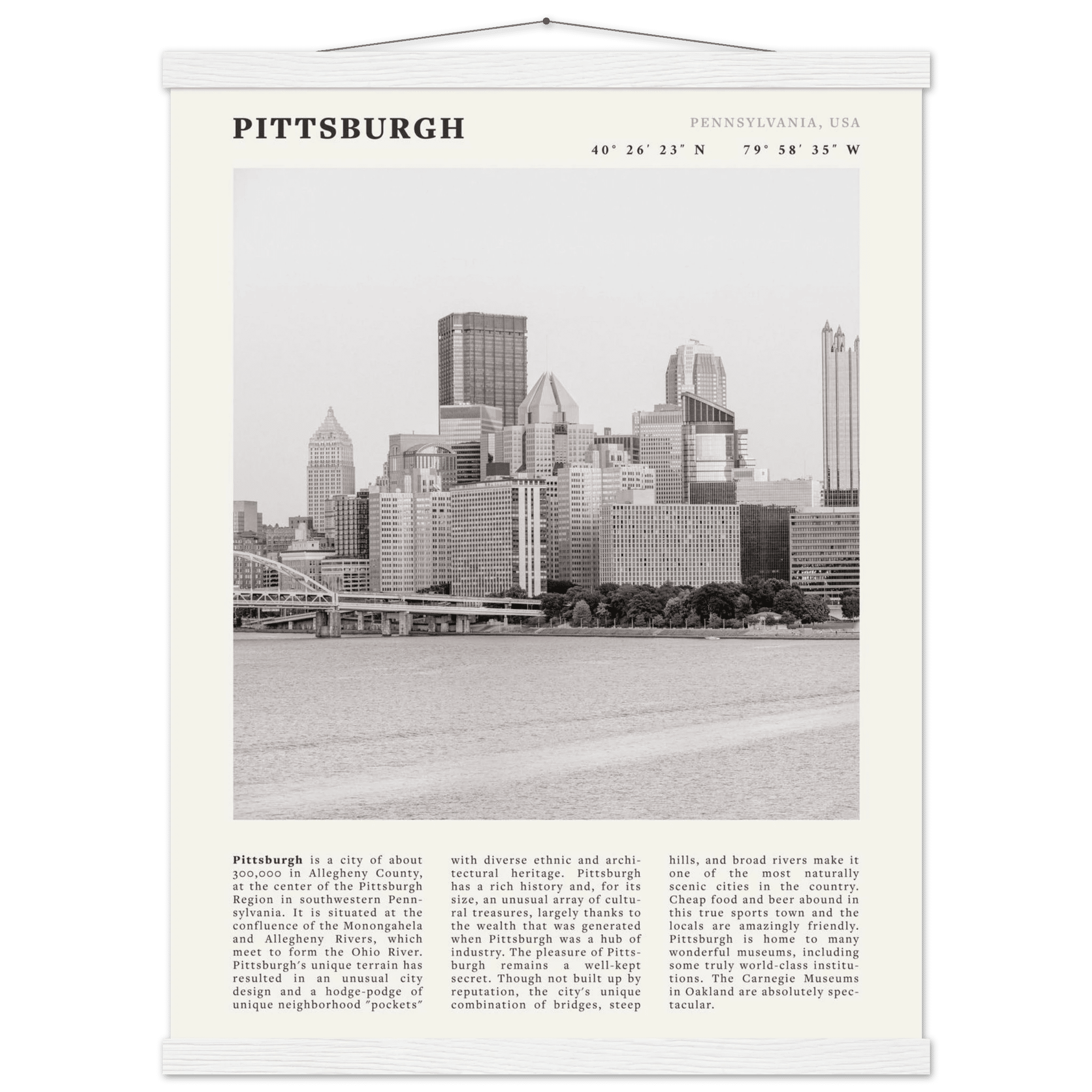 Pittsburgh Poster | Black & White Pennsylvania Skyline Wall Art | PA Travel Print - Evergreen Posters