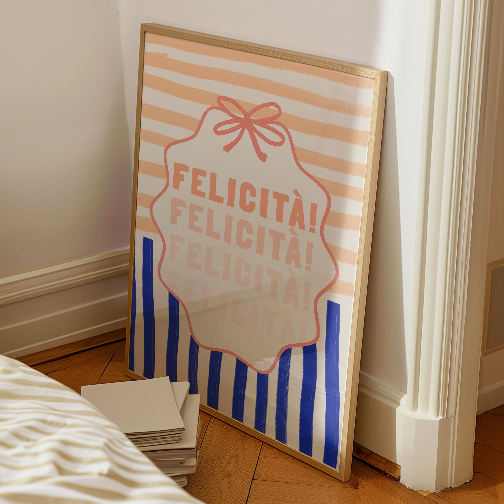 Felicità Italian Happiness Quote Print | Coquette Stripe Wall Art - Evergreen Posters