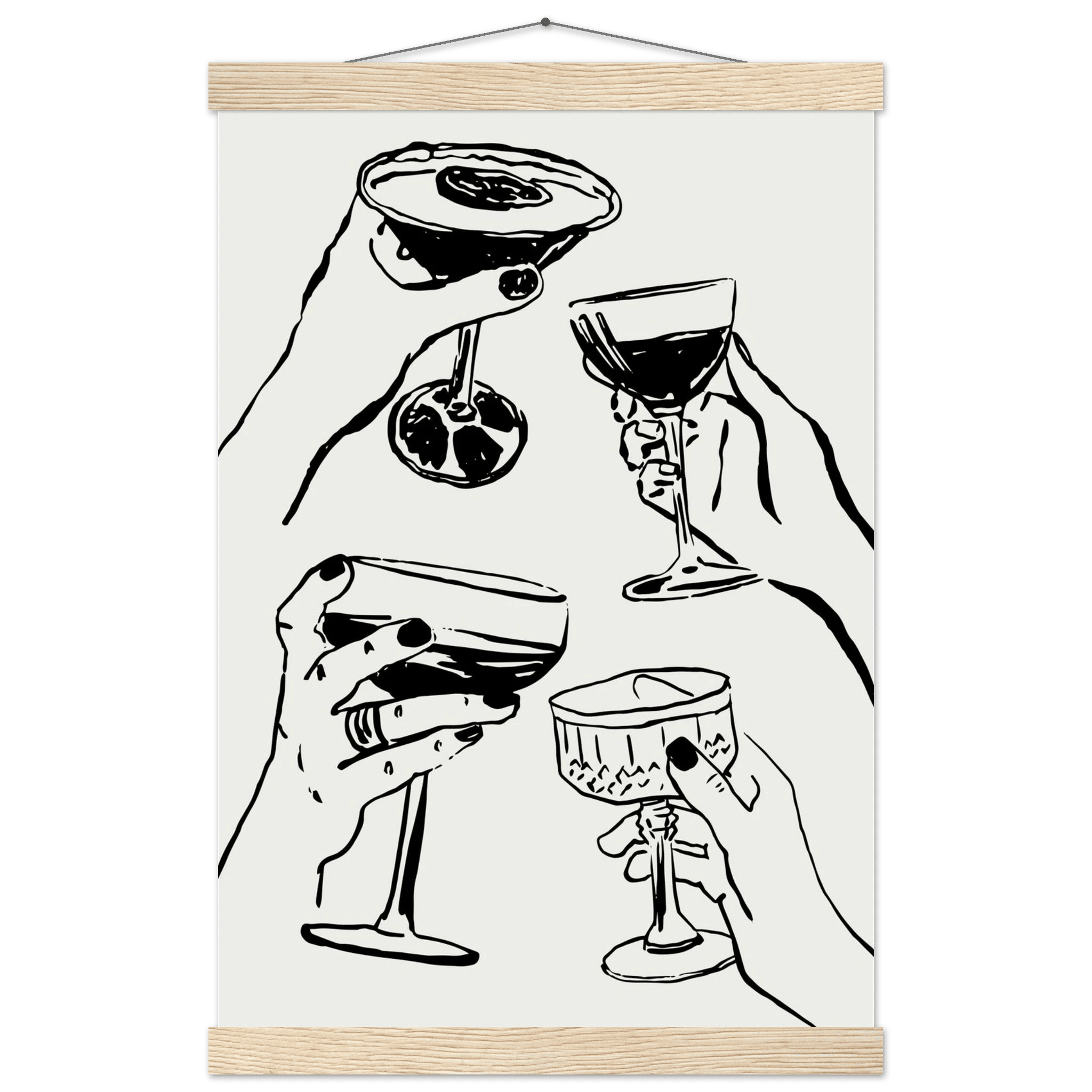 Cheers Print | Black Line Art Cocktail Glasses Wall Art | Kitchen Bar Poster - Evergreen Posters