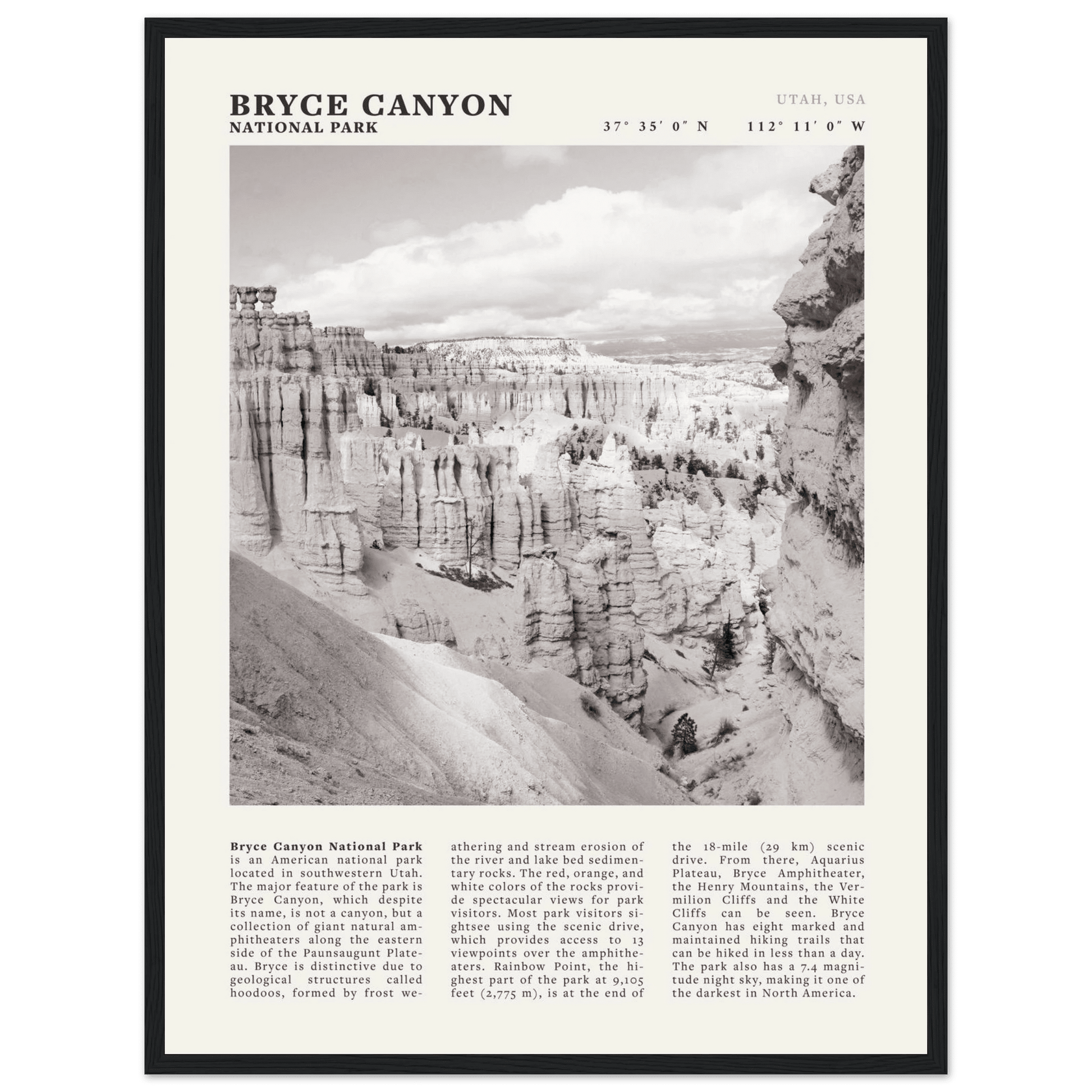 Bryce Canyon National Park Poster | Black & White Utah Hoodoos Wall Art Print - Evergreen Posters - 19