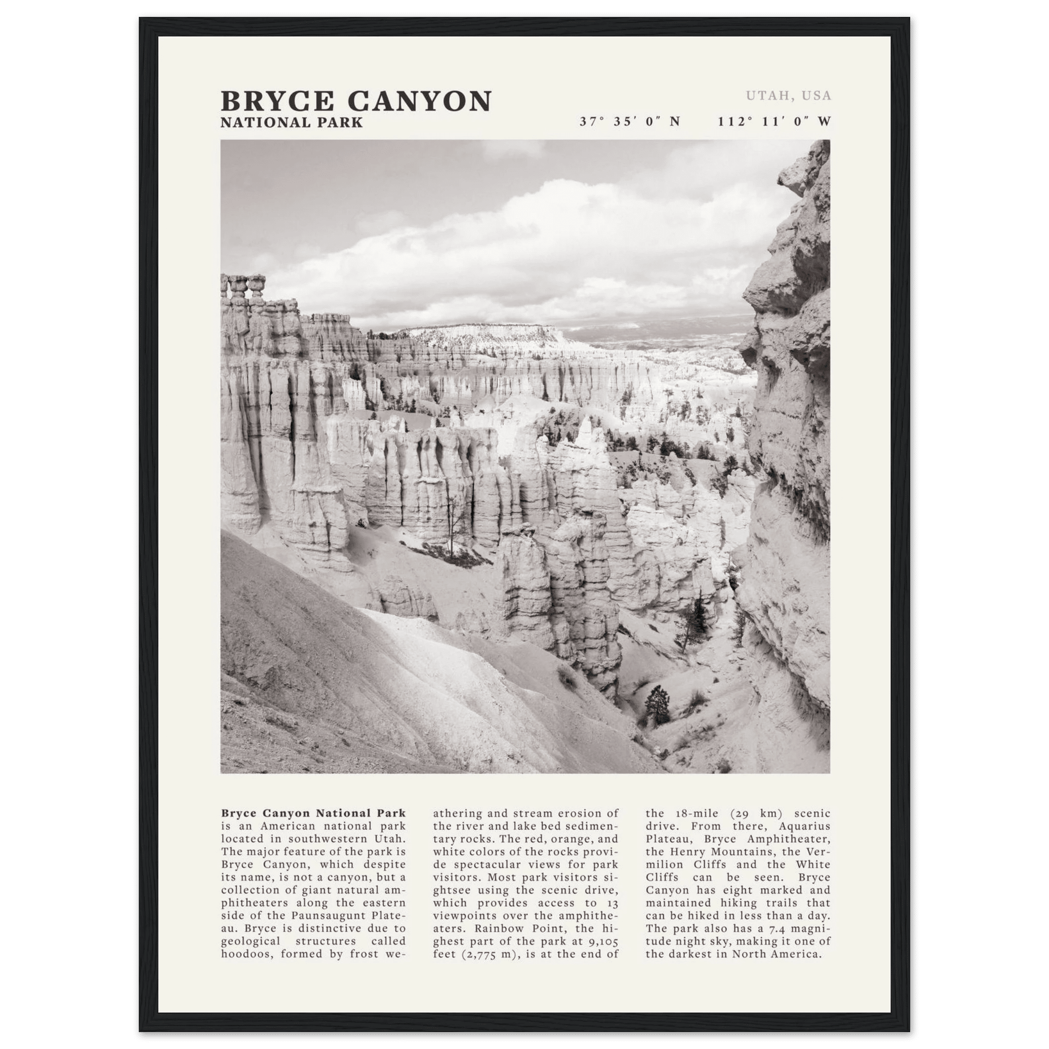 Bryce Canyon National Park Poster | Black & White Utah Hoodoos Wall Art Print - Evergreen Posters - 19