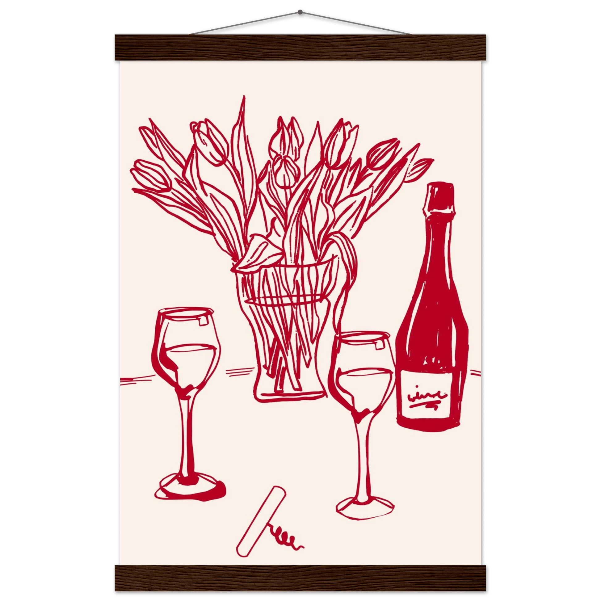 Red Wine & Tulips Print | Line Art Wine Bottle Wall Art | Kitchen Poster - Evergreen Posters