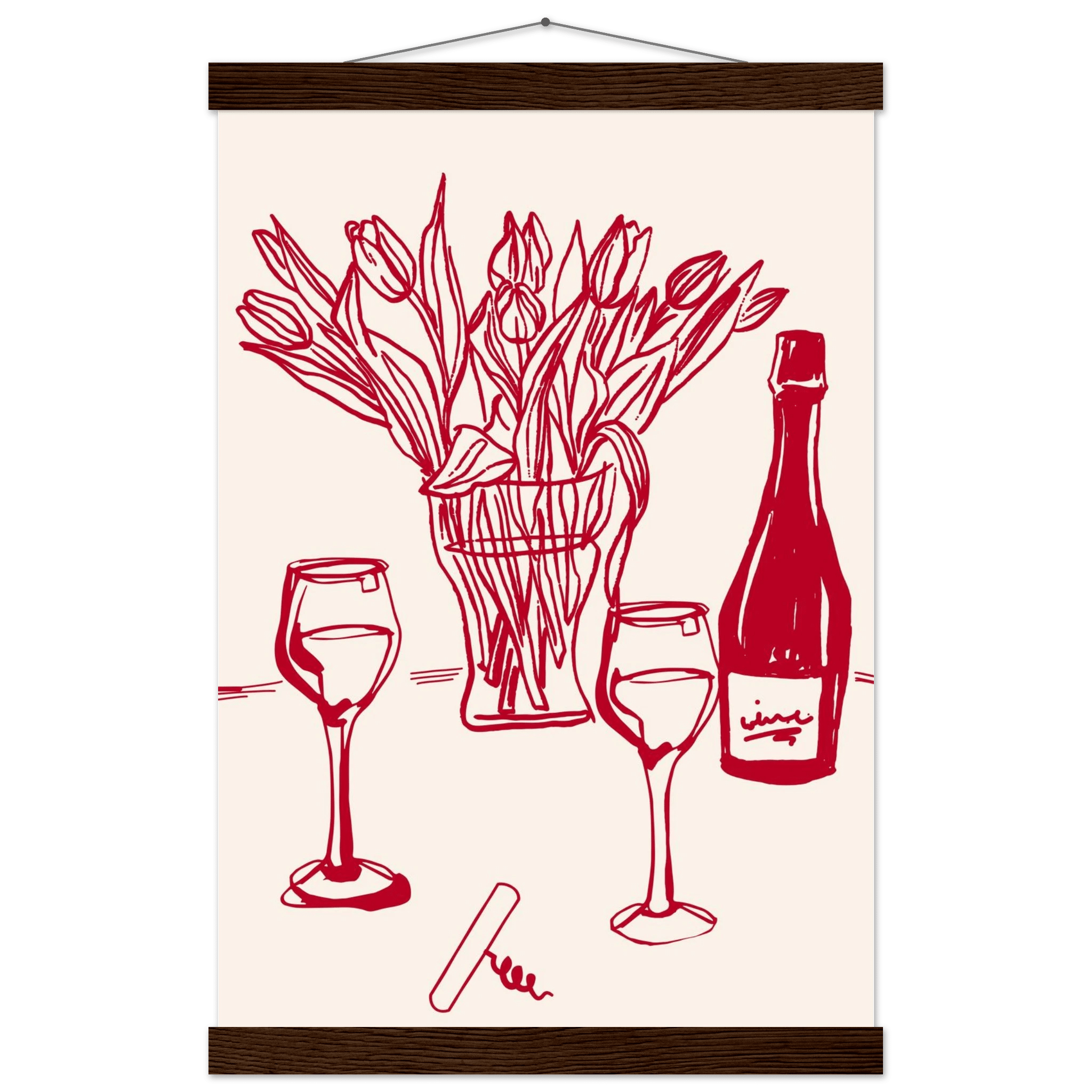 Red Wine & Tulips Print | Line Art Wine Bottle Wall Art | Kitchen Poster - Evergreen Posters