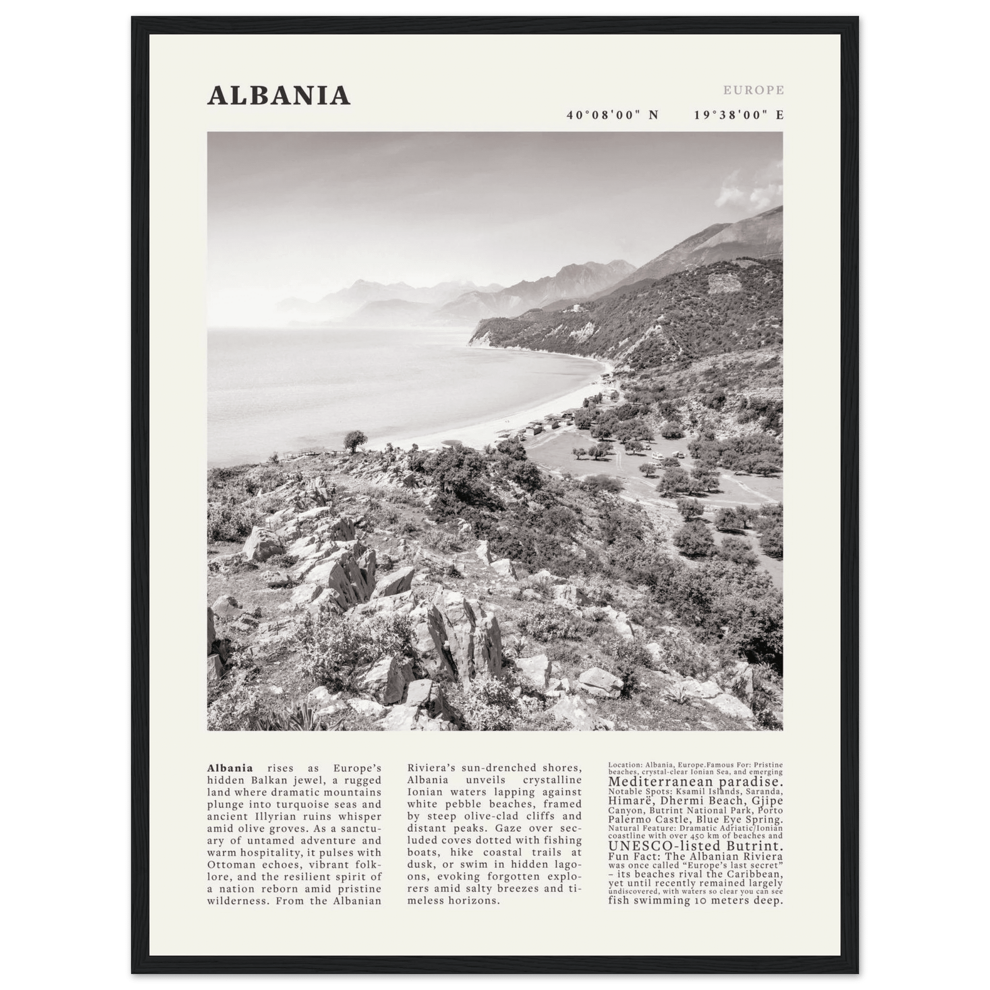 Albania Poster Black and White – Vintage Albanian Riviera Travel Print (Digital & Printed Options) - Evergreen Posters