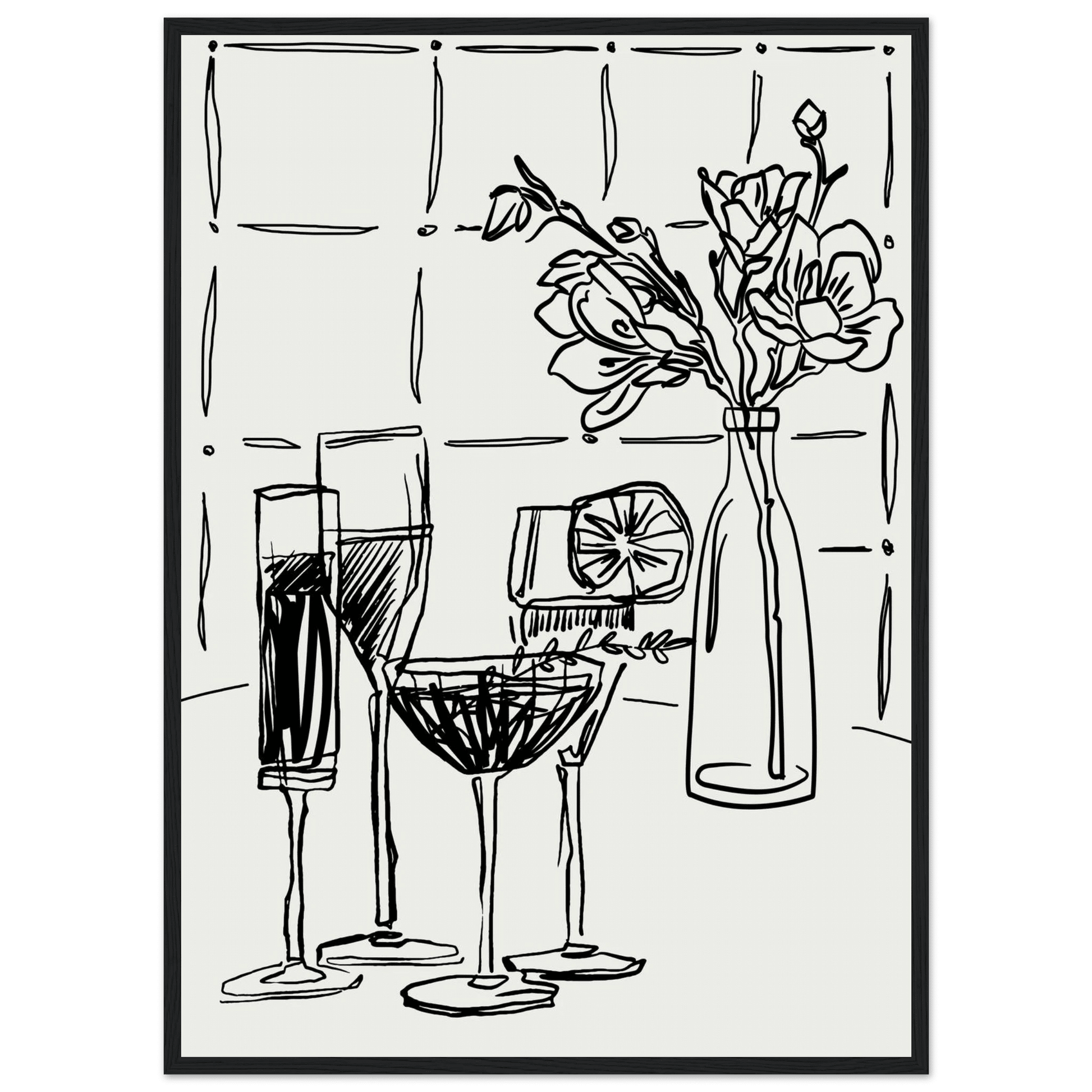 Cocktails & Flowers Print | Black Line Art Drinks Wall Art | Kitchen Bar Poster - Evergreen Posters