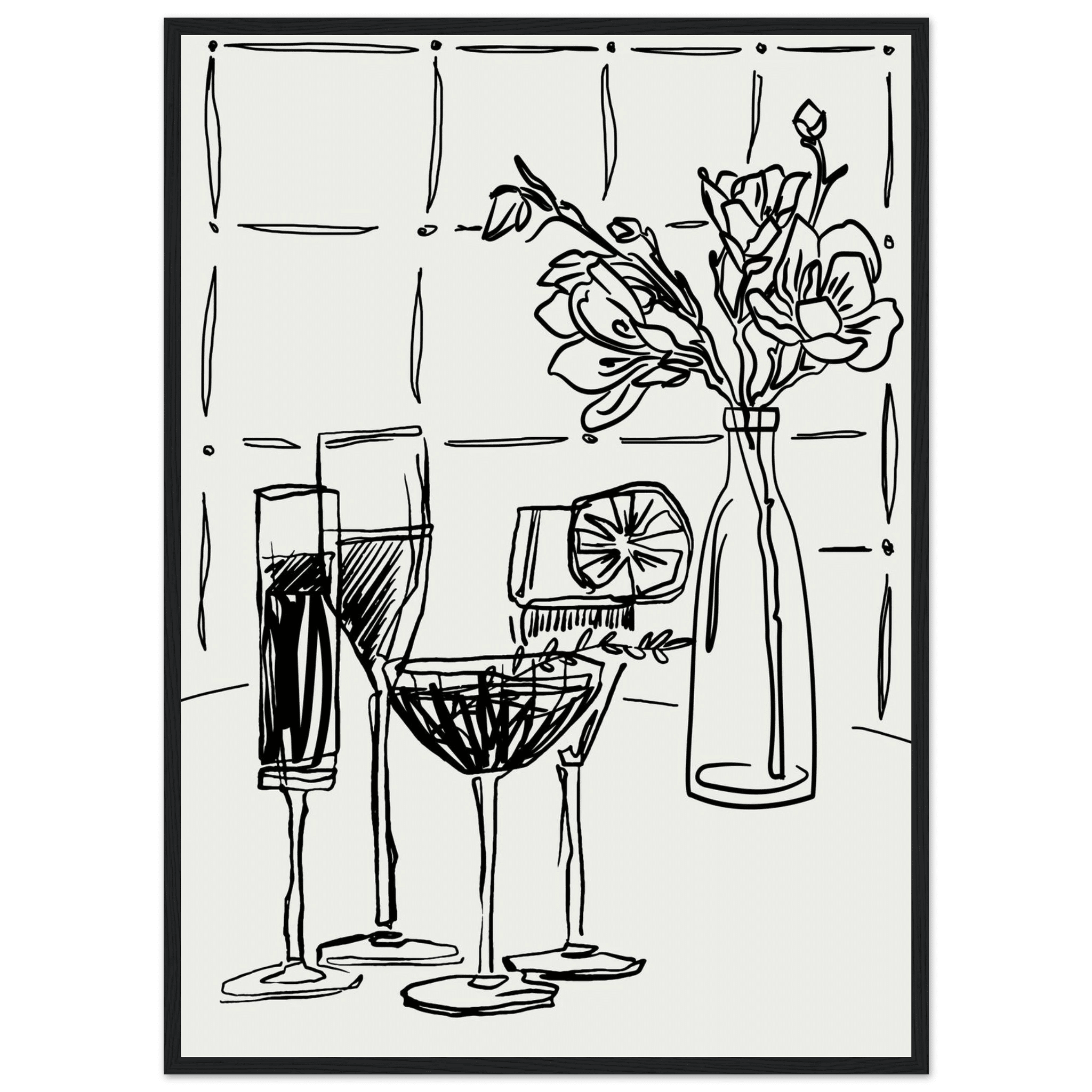 Cocktails & Flowers Print | Black Line Art Drinks Wall Art | Kitchen Bar Poster - Evergreen Posters