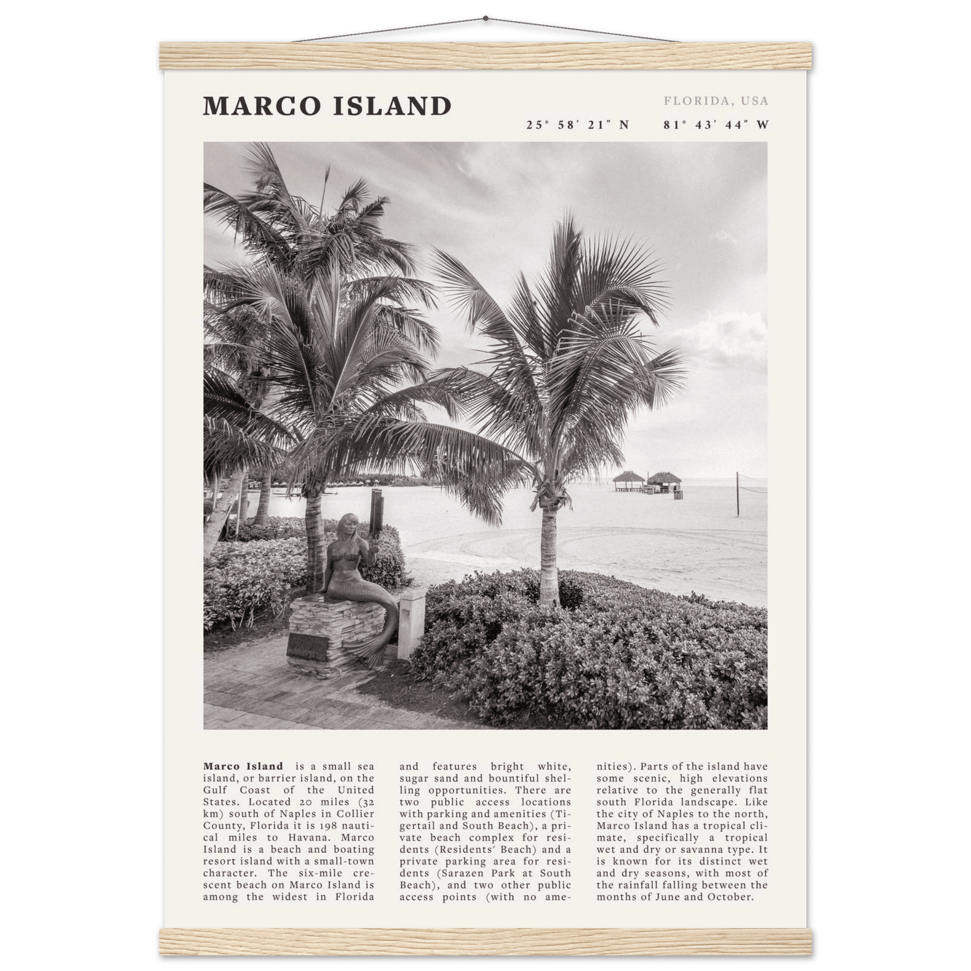 Marco Island Poster | Black & White Florida Beach Wall Art | Coastal Travel Print - Evergreen Posters