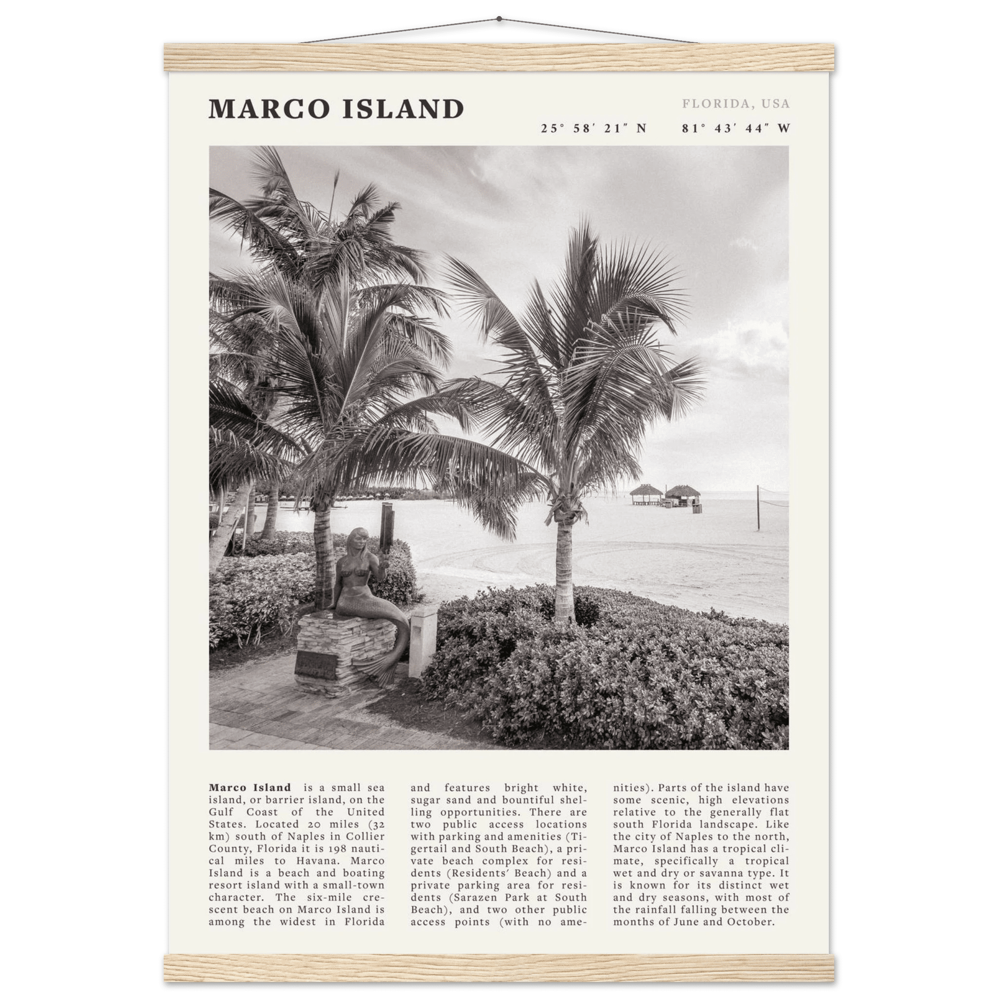 Marco Island Poster | Black & White Florida Beach Wall Art | Coastal Travel Print - Evergreen Posters