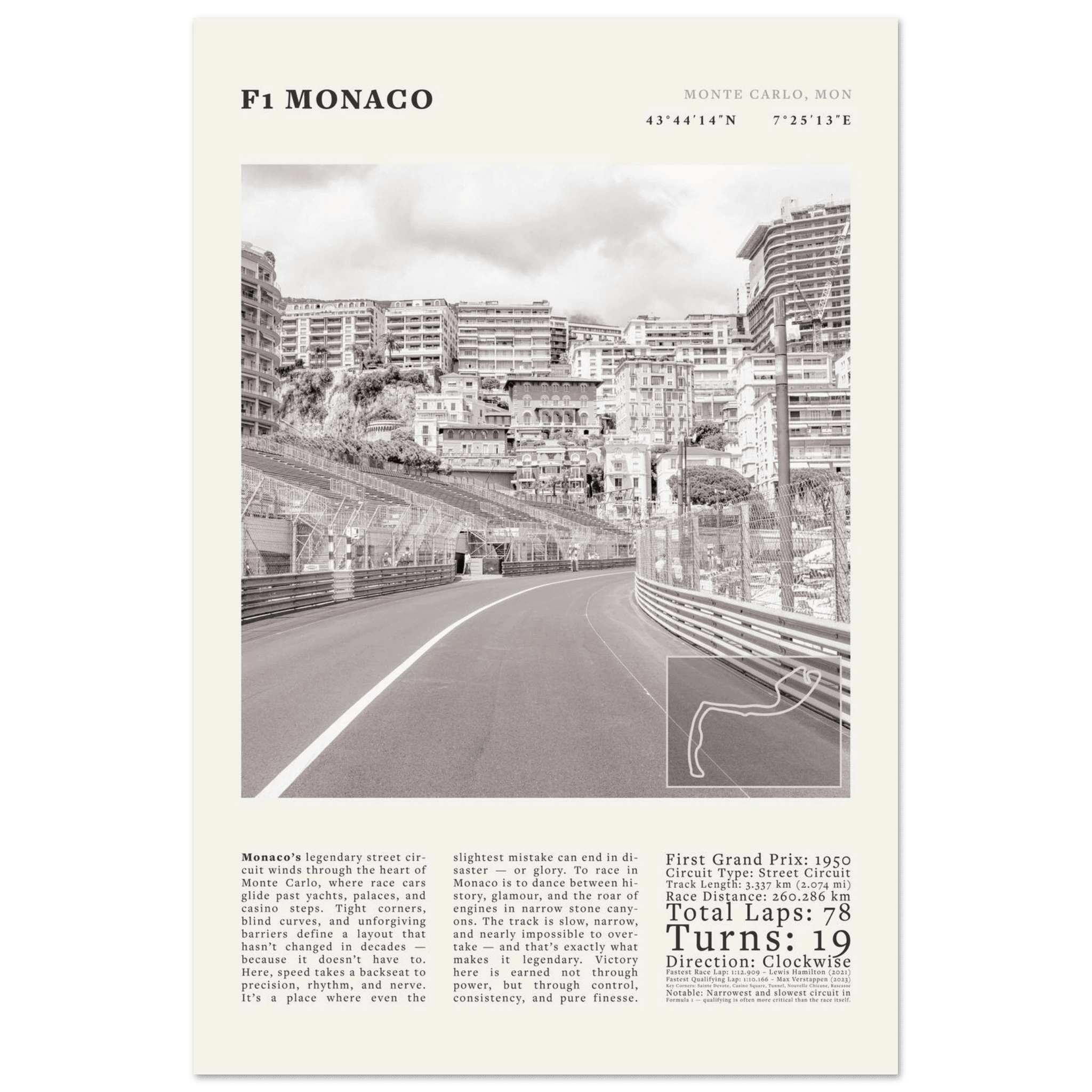 F1 Monaco Poster Black and White – Vintage Monte Carlo Street Circuit Print (Digital & Printed Options) - Evergreen Posters