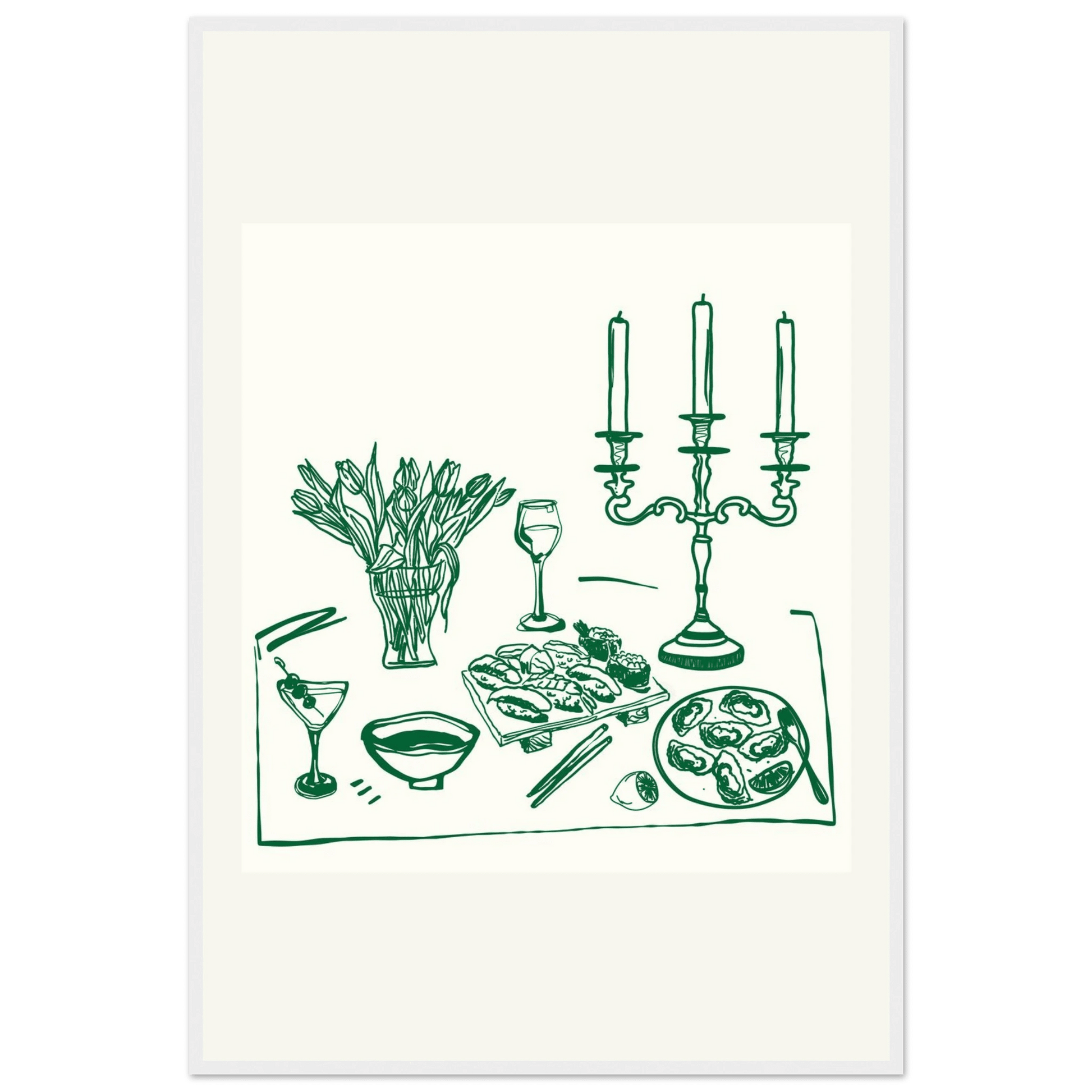 Fine Dining Table Print | Green Line Art Kitchen Wall Art | Elegant Dining Room Poster - Evergreen Posters