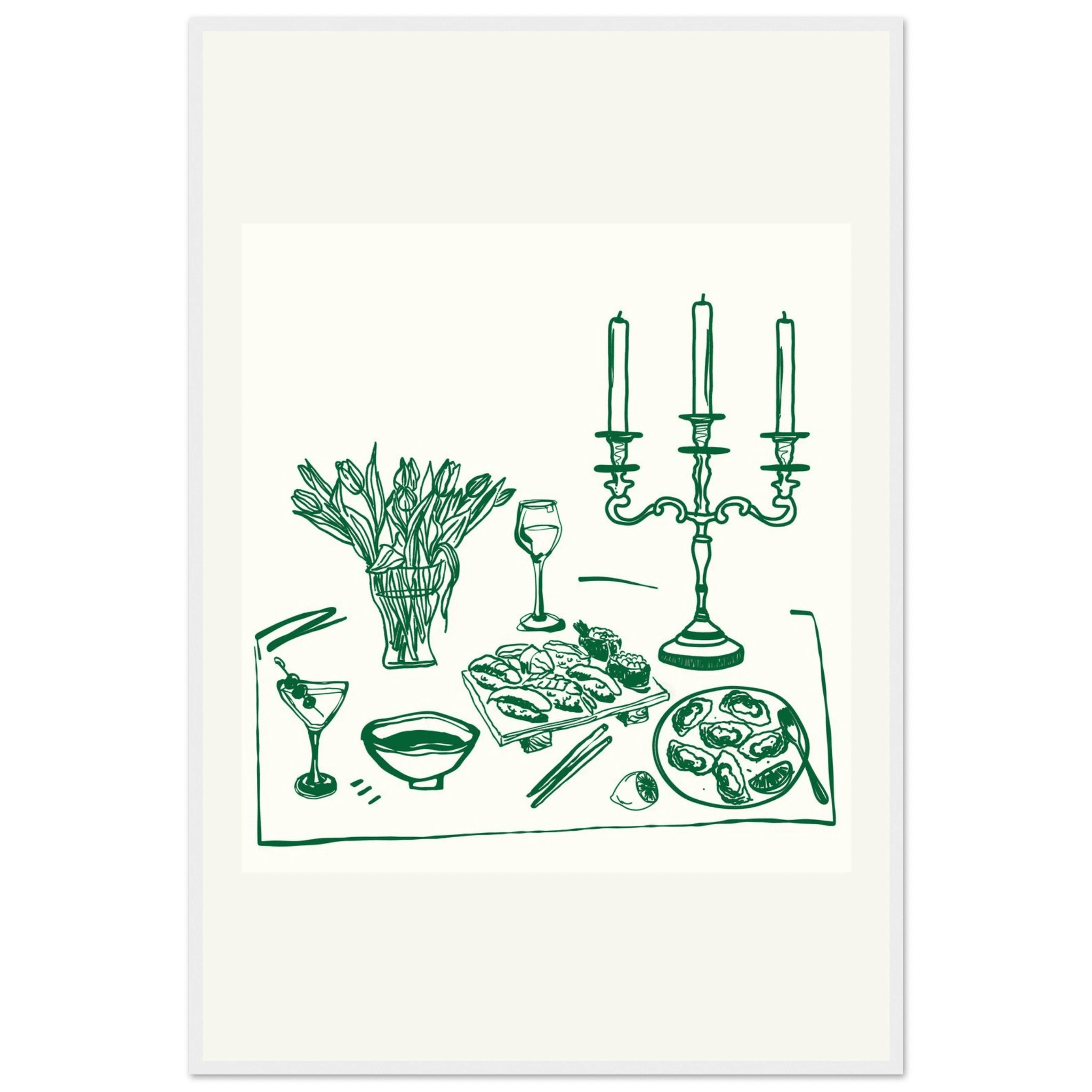 Fine Dining Table Print | Green Line Art Kitchen Wall Art | Elegant Dining Room Poster - Evergreen Posters