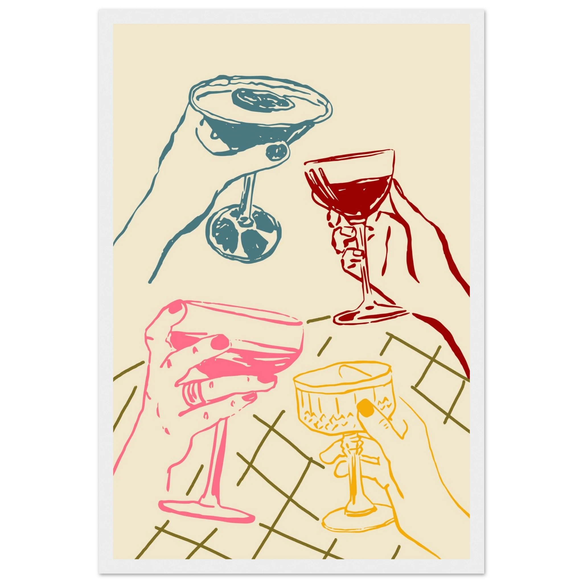 Cheers Print | Colourful Cocktail Glasses Wall Art | Kitchen Bar Poster - Evergreen Posters