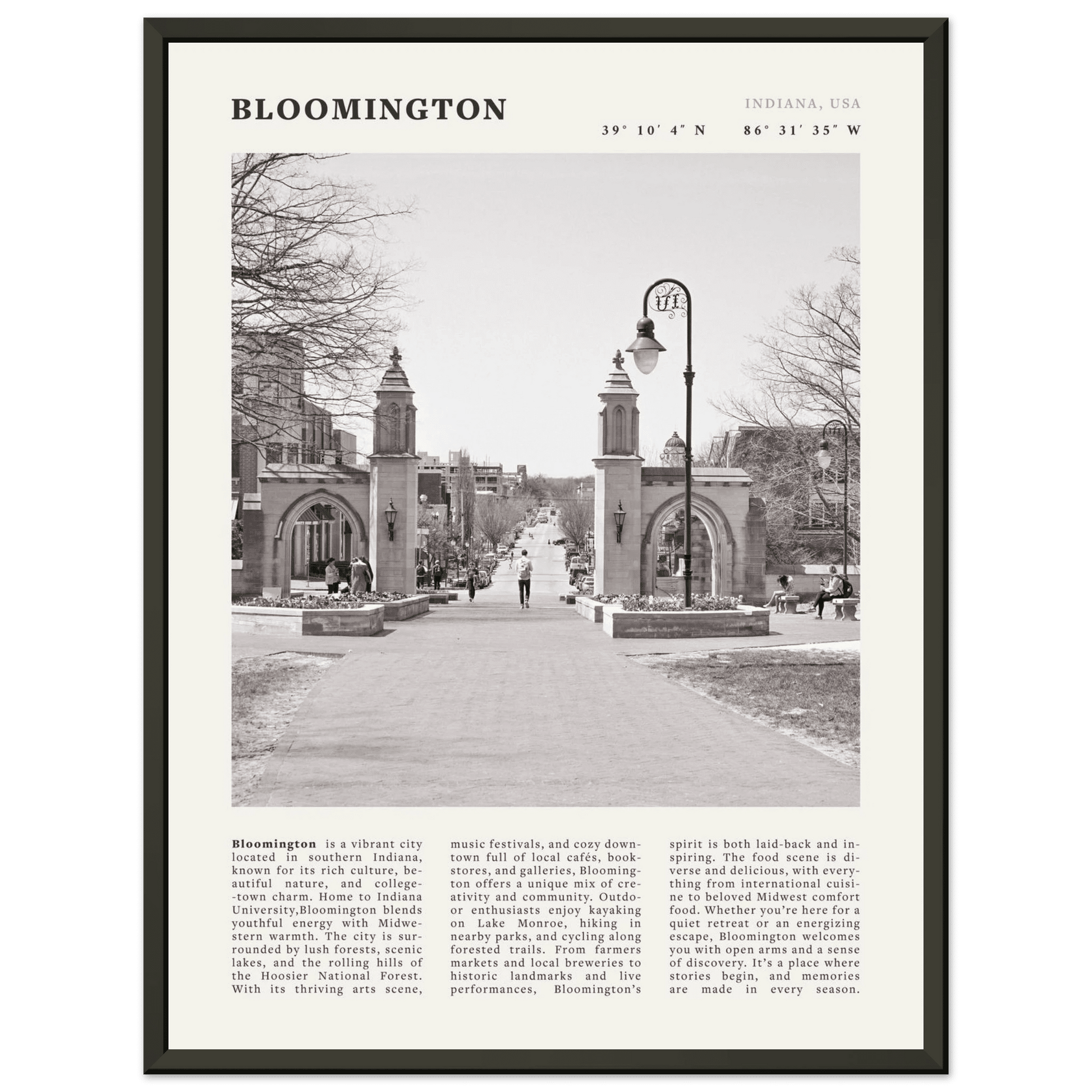 Bloomington Indiana Black and White Vintage Poster - Evergreen Posters