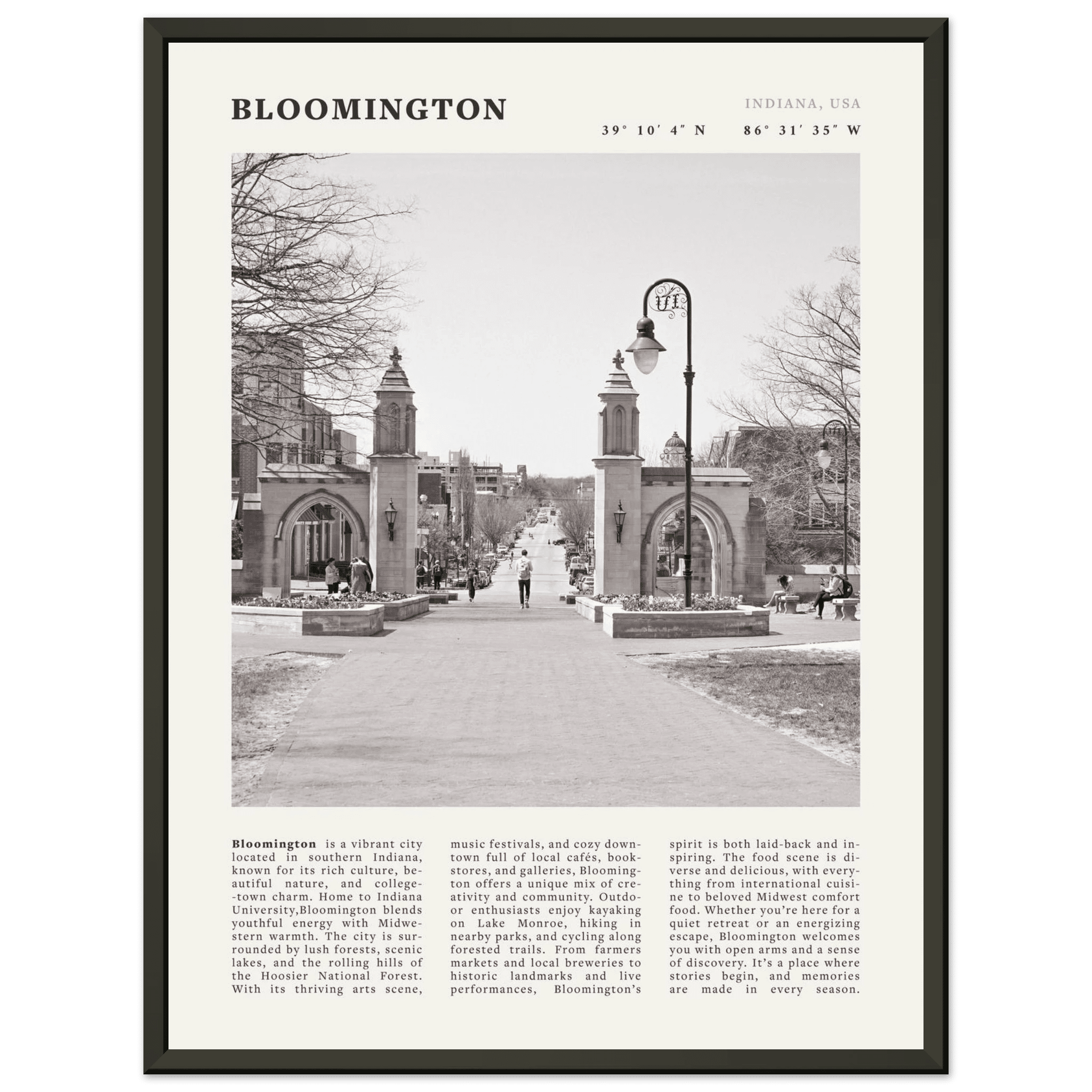 Bloomington Indiana Black and White Vintage Poster - Evergreen Posters