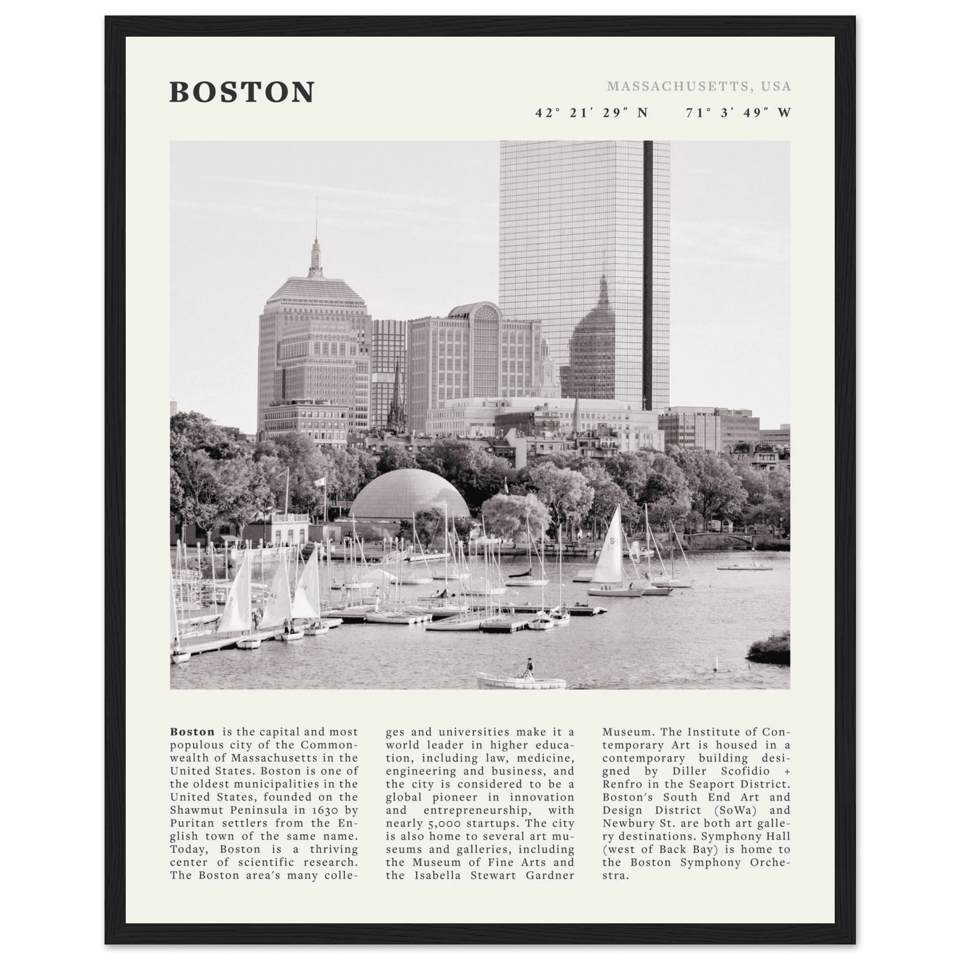 Boston Poster | Black & White Charles River Skyline Wall Art | Massachusetts Print - Evergreen Posters